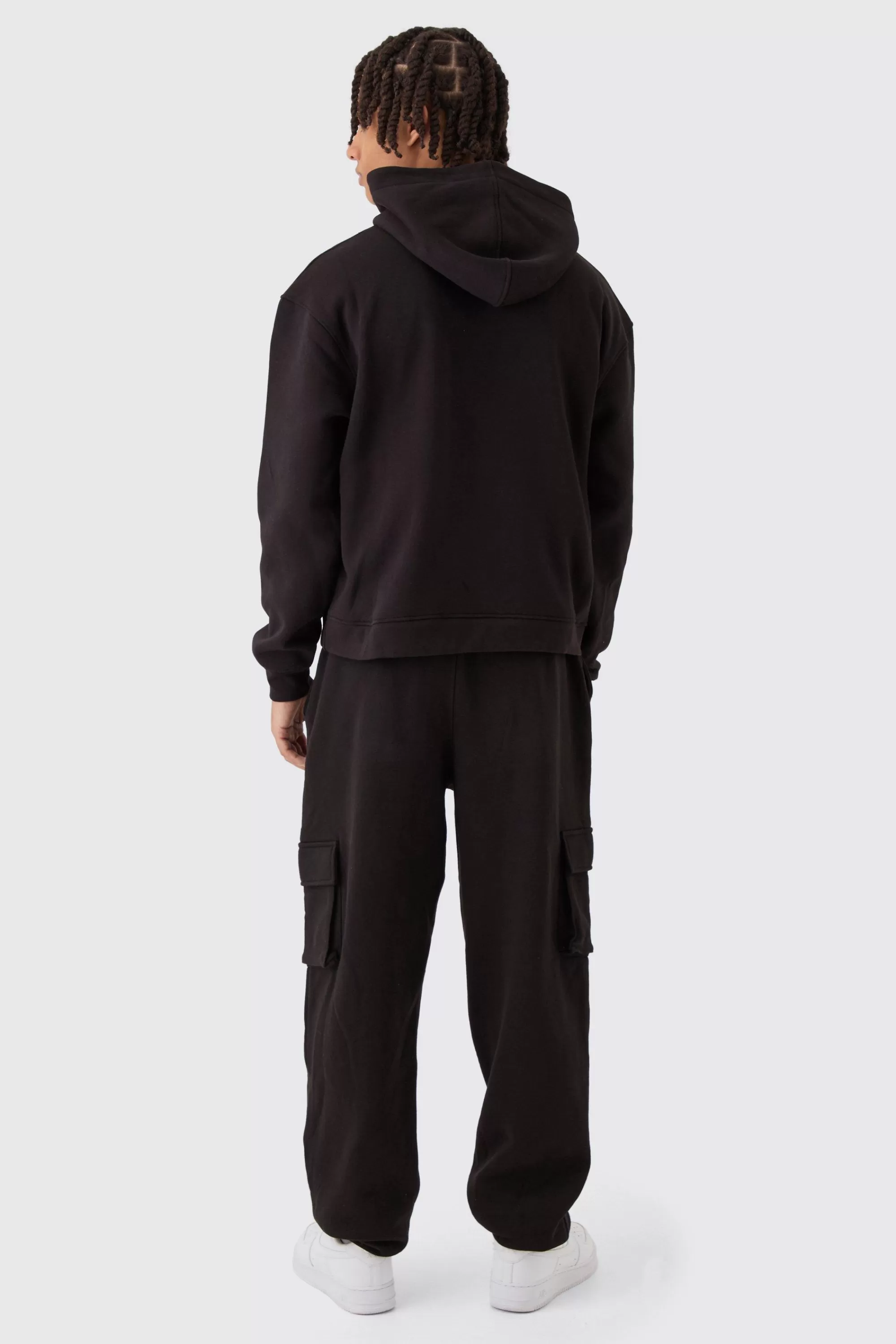 boohooMAN Oversized Boxy Varsity Applique Cargo & Hoodie Tracksuit | UK