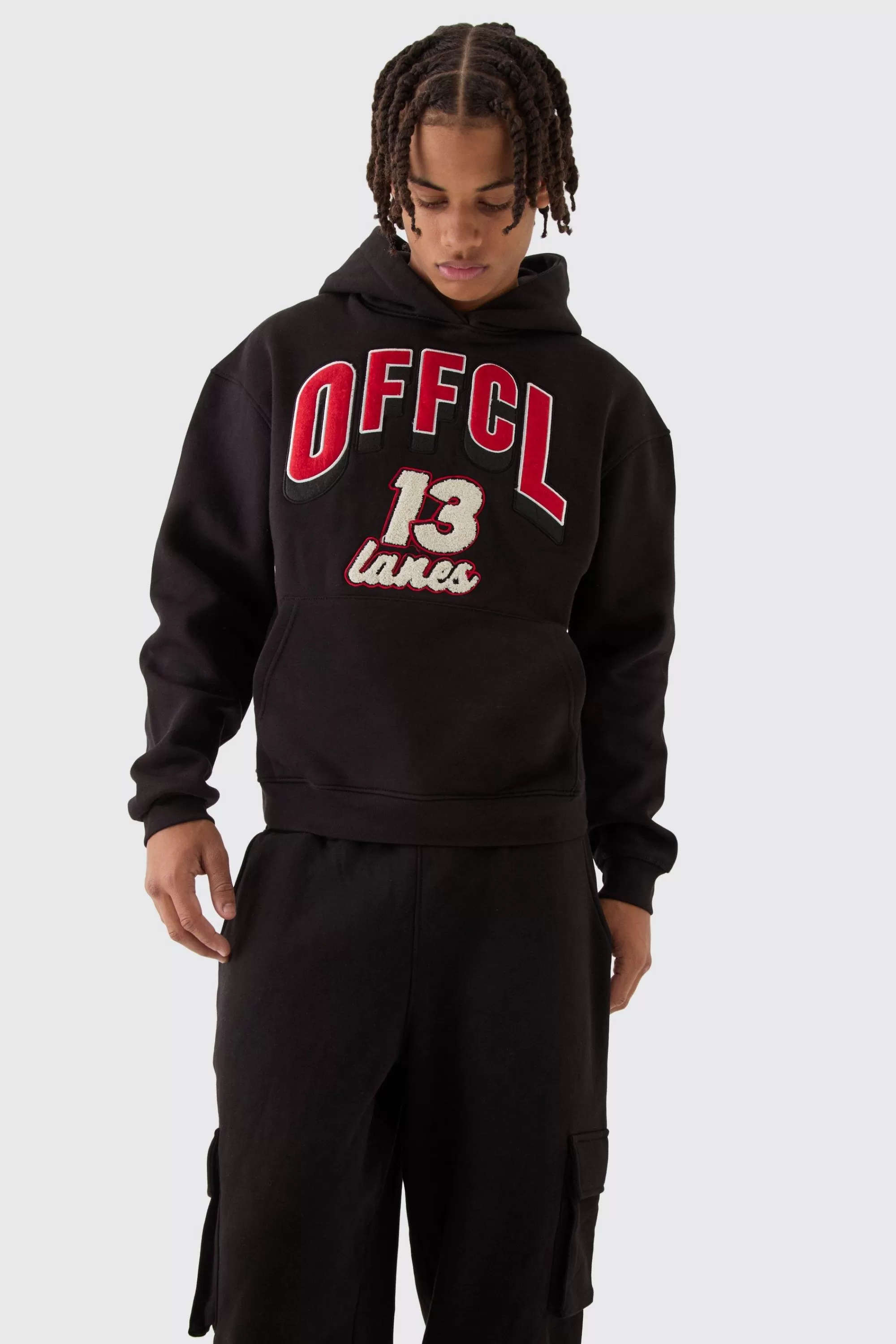 boohooMAN Oversized Boxy Varsity Applique Cargo & Hoodie Tracksuit | UK