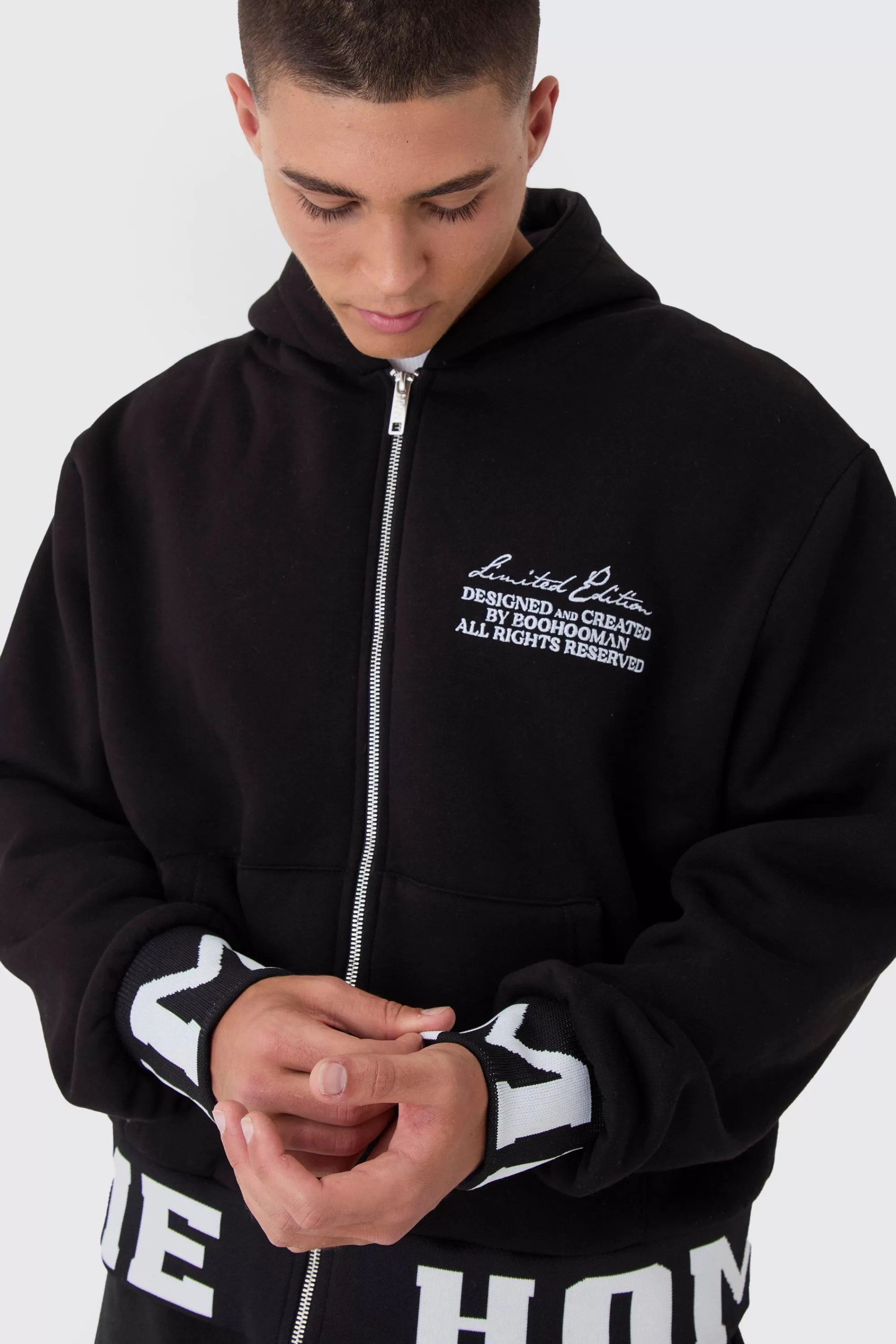 boohooMAN Oversized Boxy Varsity Printed Zip Through Hoodie | UK