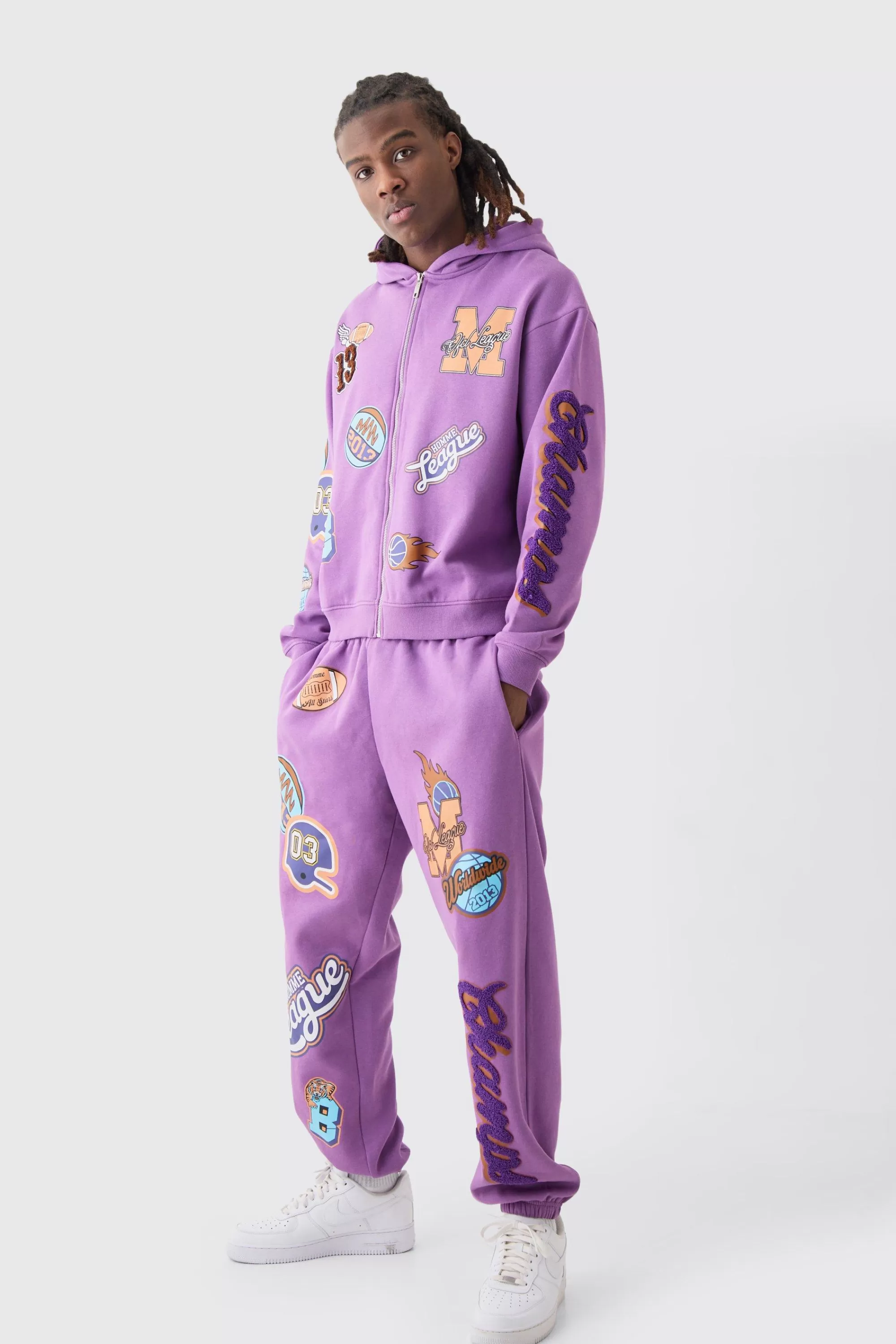 boohooMAN Oversized Boxy Varsity Zip Through Hooded Tracksuit | UK