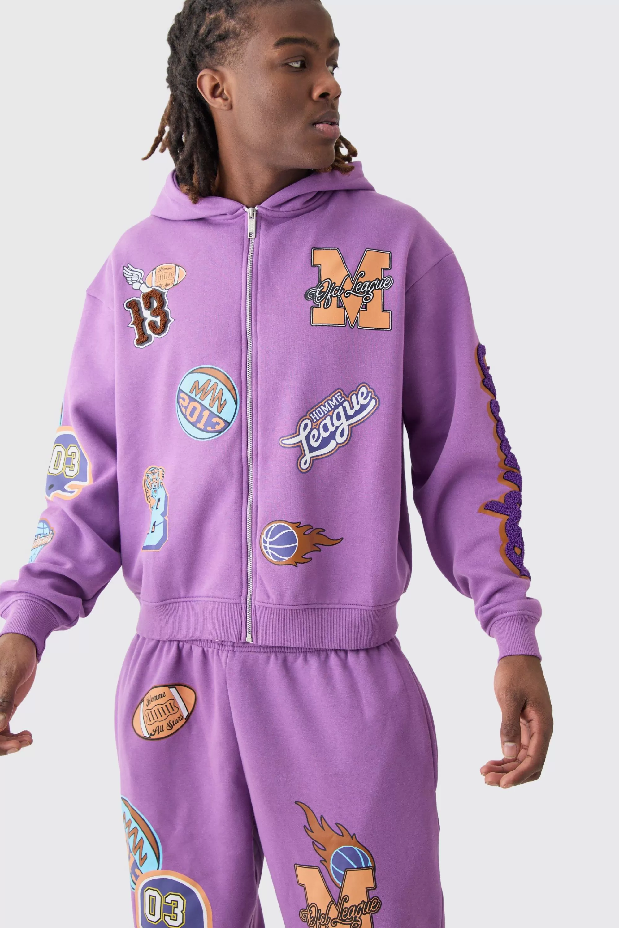 boohooMAN Oversized Boxy Varsity Zip Through Hooded Tracksuit | UK