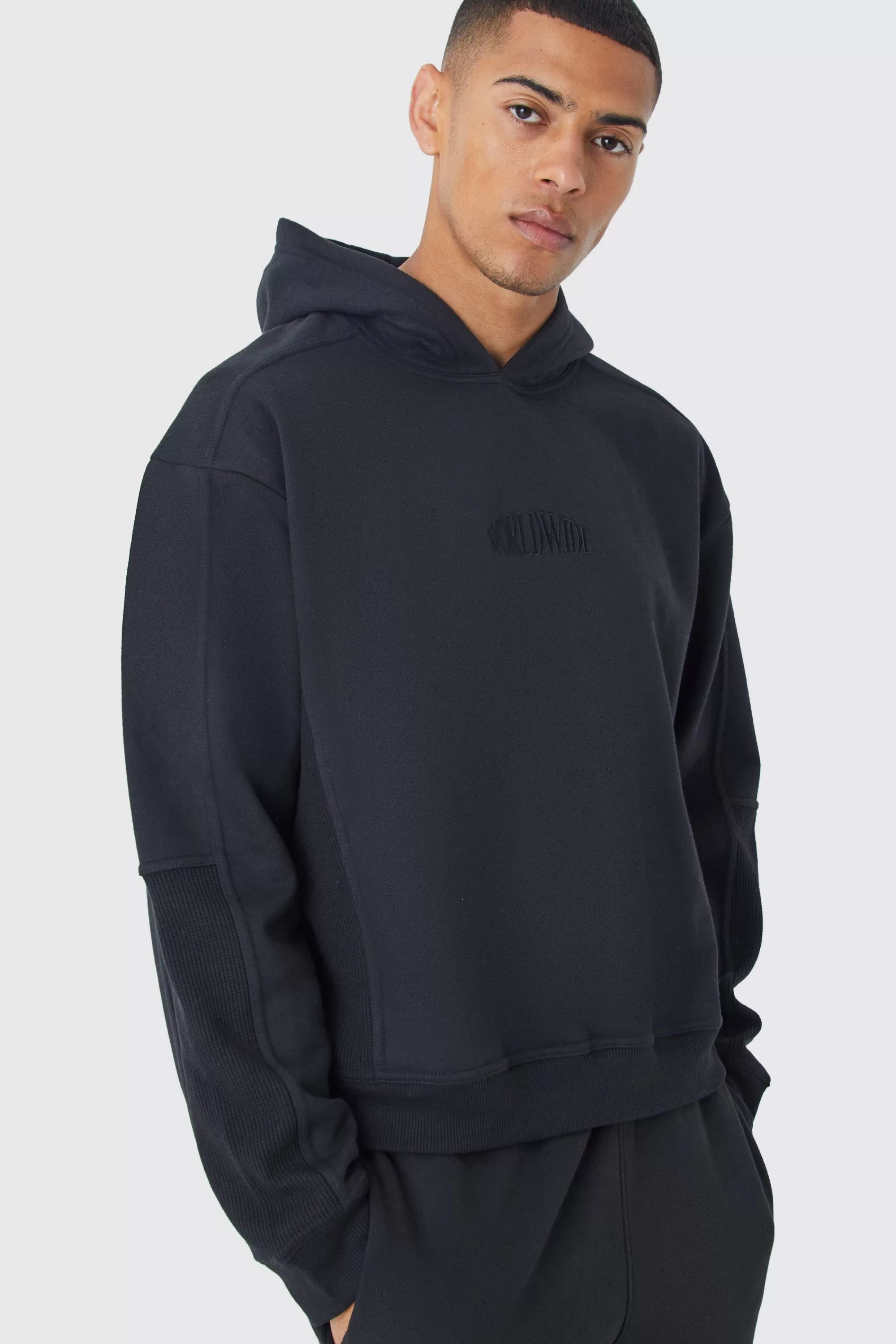 boohooMAN Oversized Boxy Waffle Panel Hoodie | UK