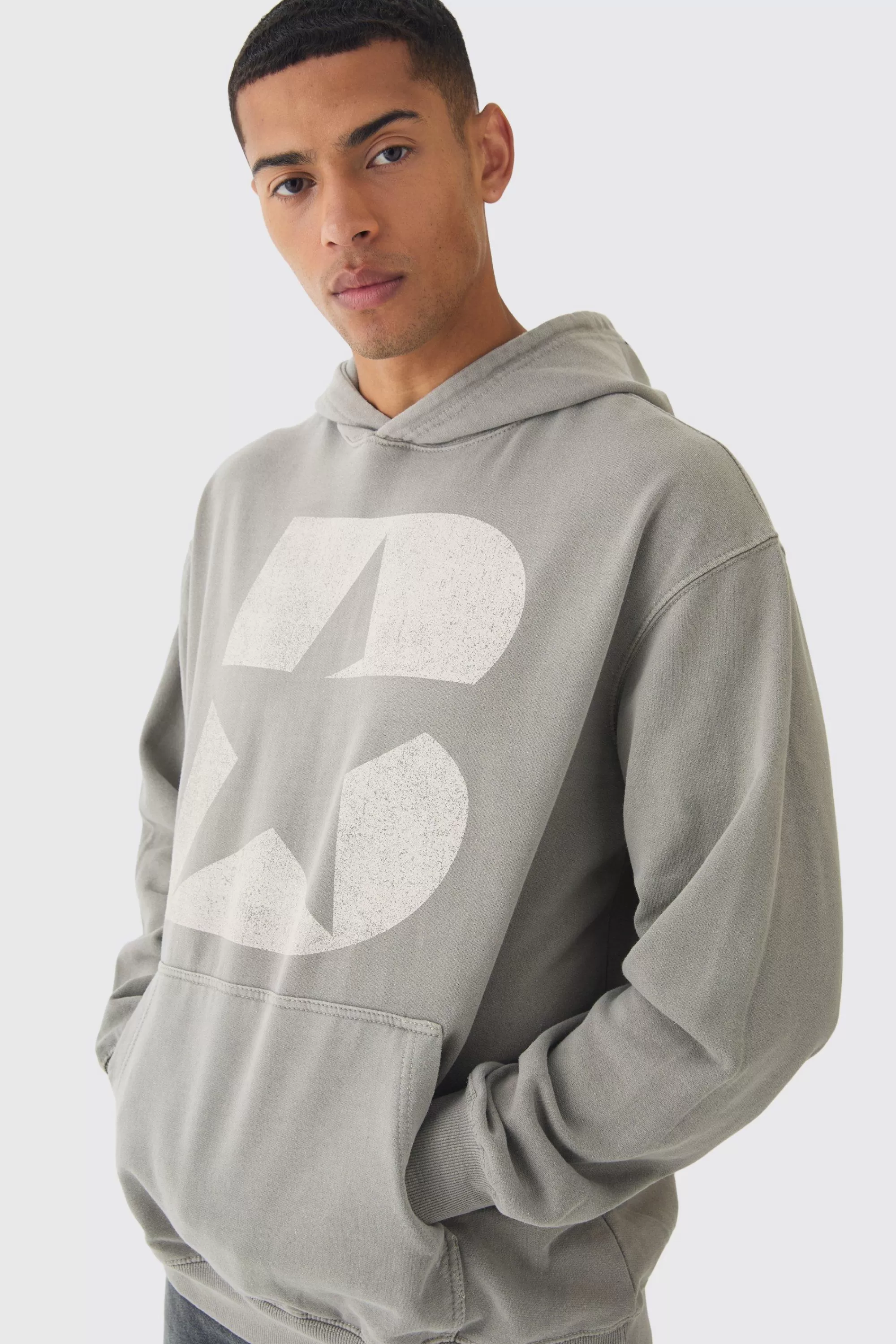 boohooMAN Oversized Boxy Washed B Star Print Hoodie | UK