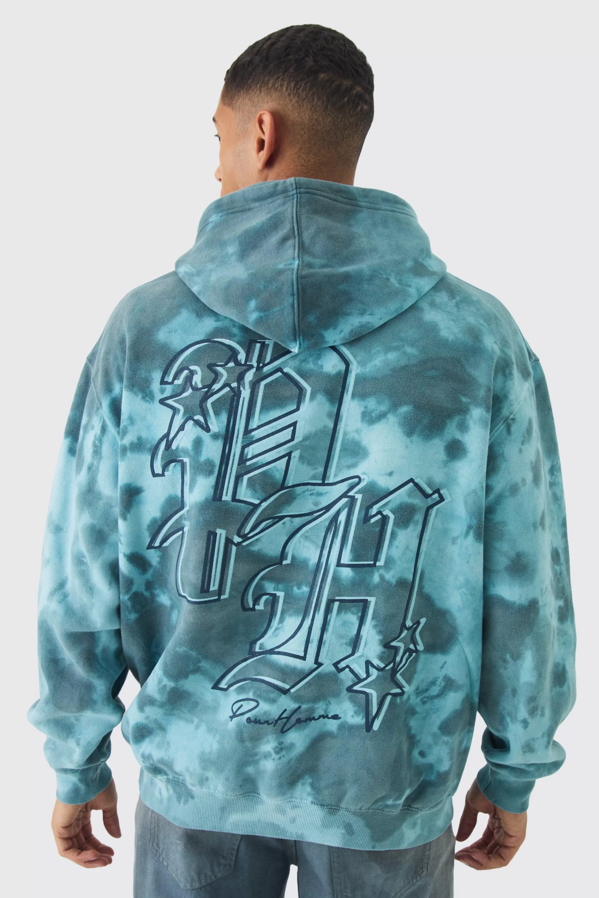 boohooMAN Oversized Boxy Washed BH Print Hoodie | UK