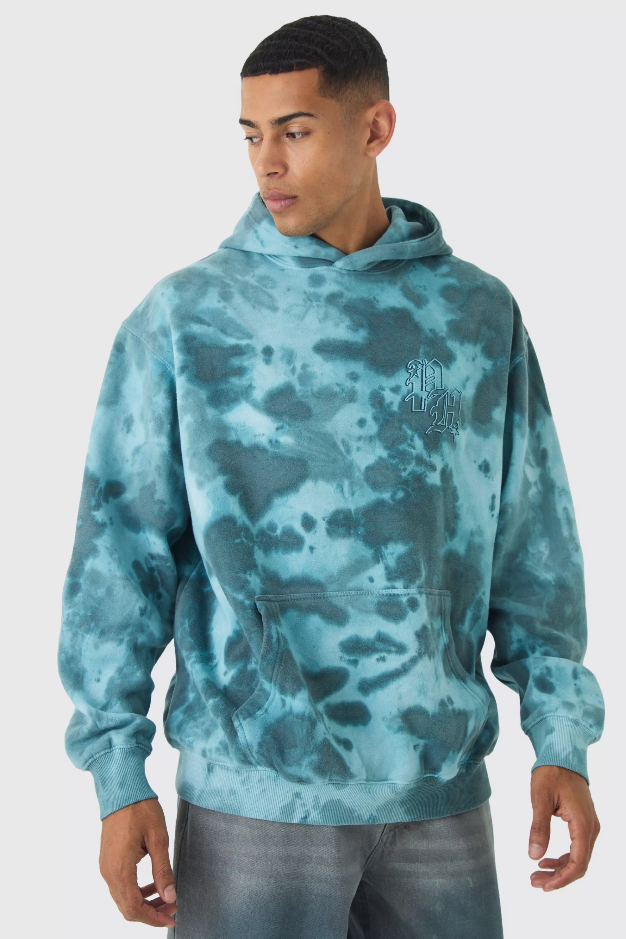 boohooMAN Oversized Boxy Washed BH Print Hoodie | UK