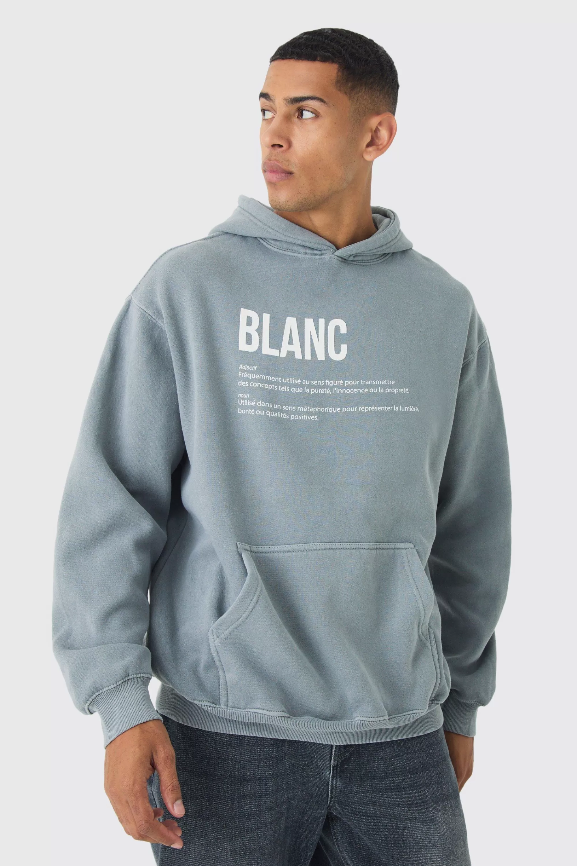 boohooMAN Oversized Boxy Washed Highbuild Blanc Print Hoodie | UK