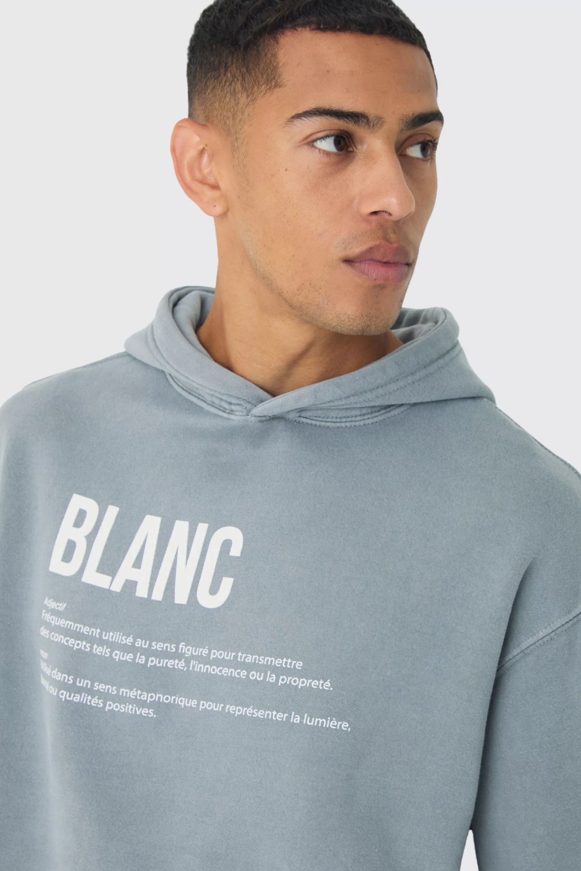 boohooMAN Oversized Boxy Washed Highbuild Blanc Print Hoodie | UK