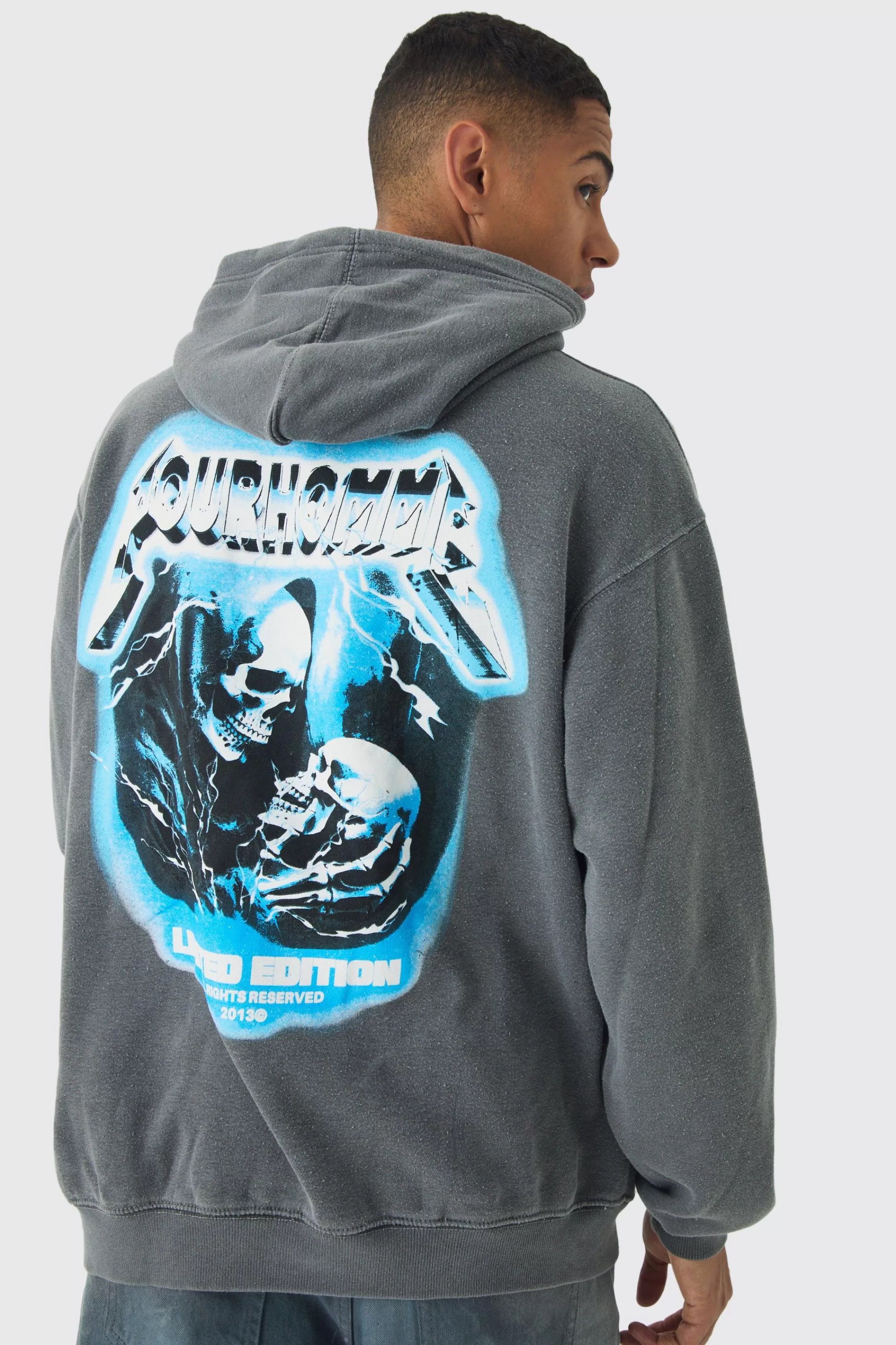 boohooMAN Oversized Boxy Washed Skull Back Print Hoodie | UK