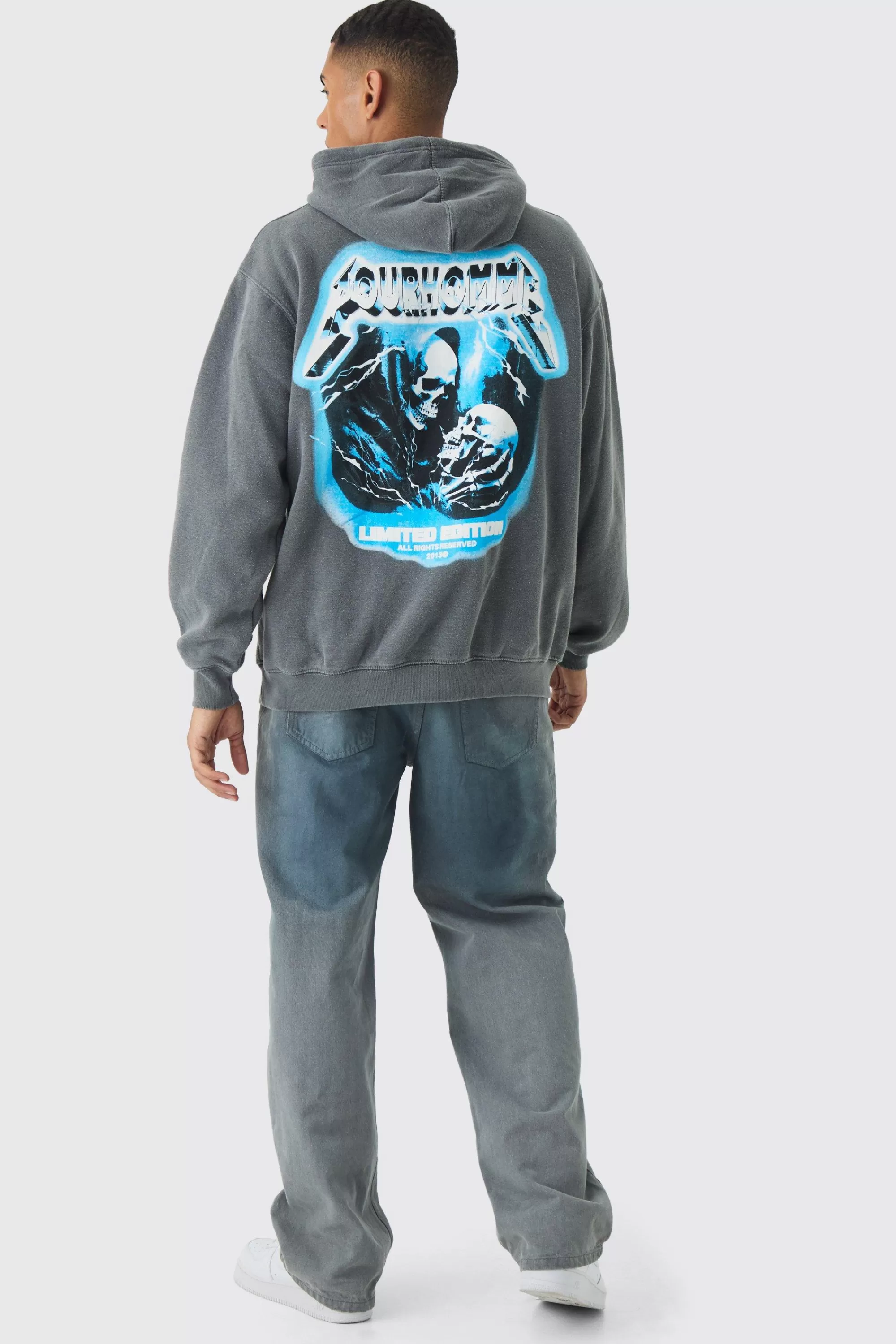 boohooMAN Oversized Boxy Washed Skull Back Print Hoodie | UK