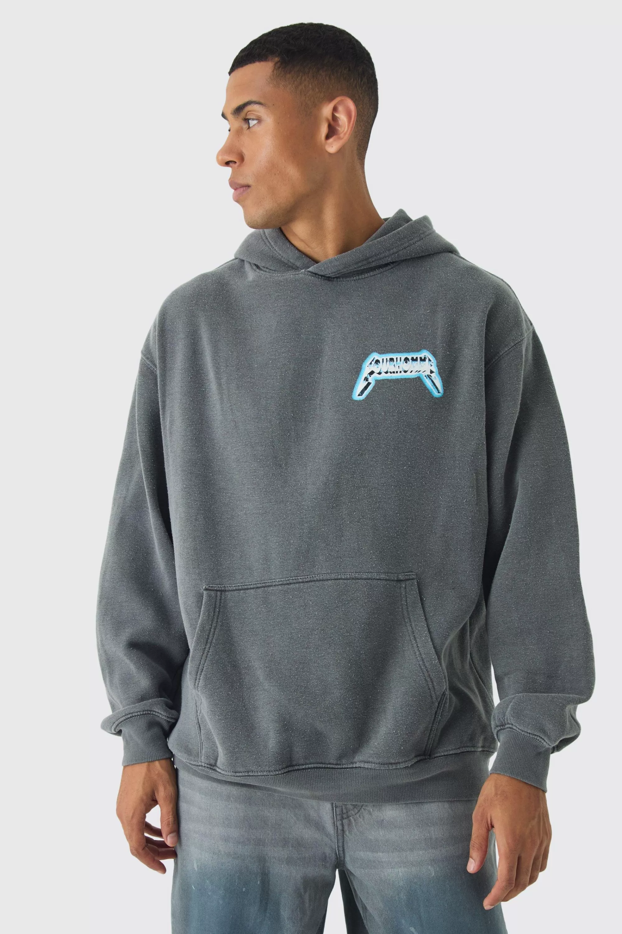 boohooMAN Oversized Boxy Washed Skull Back Print Hoodie | UK