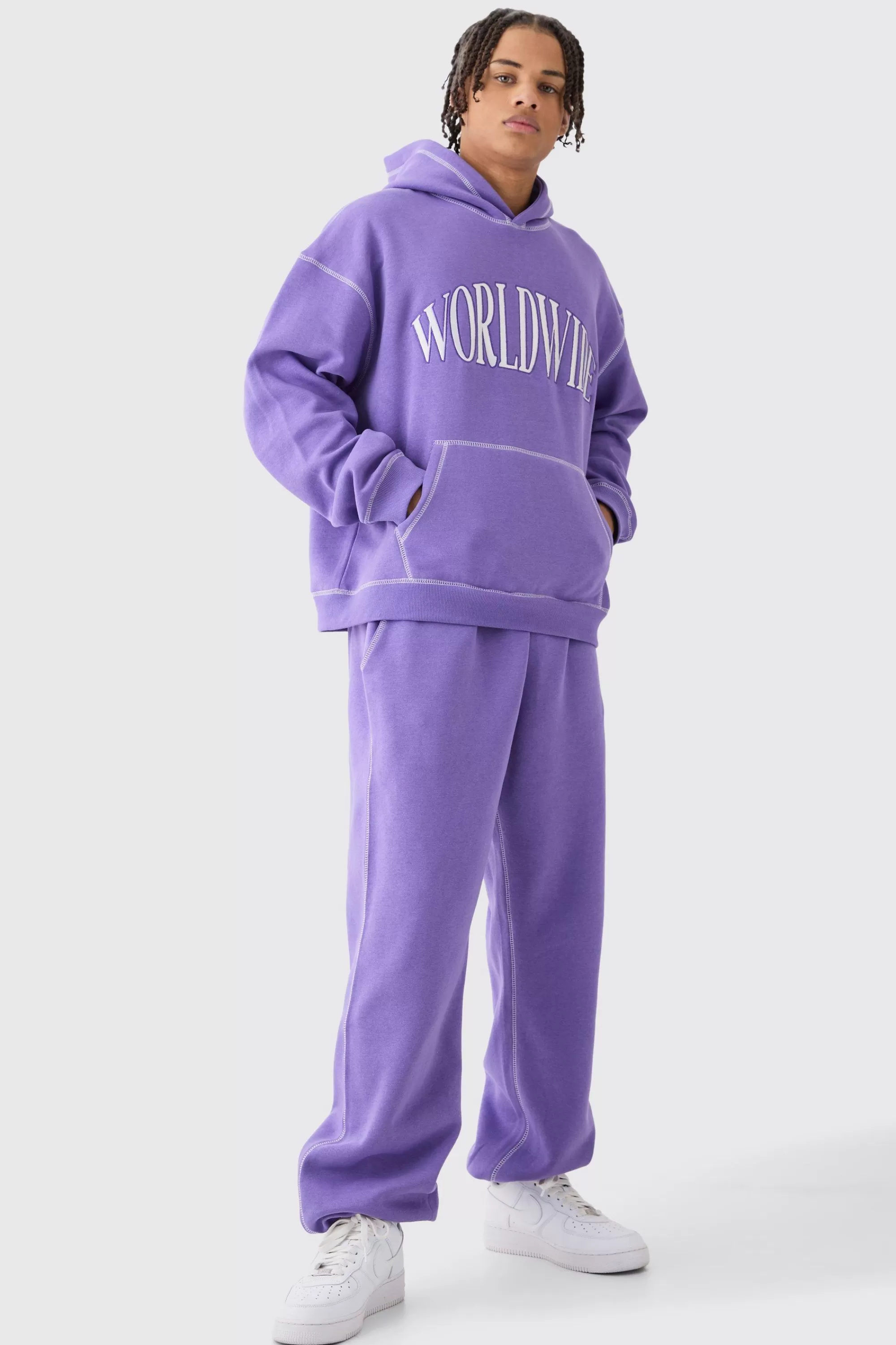 boohooMAN Oversized Boxy Worldwide Contrast Stitch Hooded Tracksuit | UK