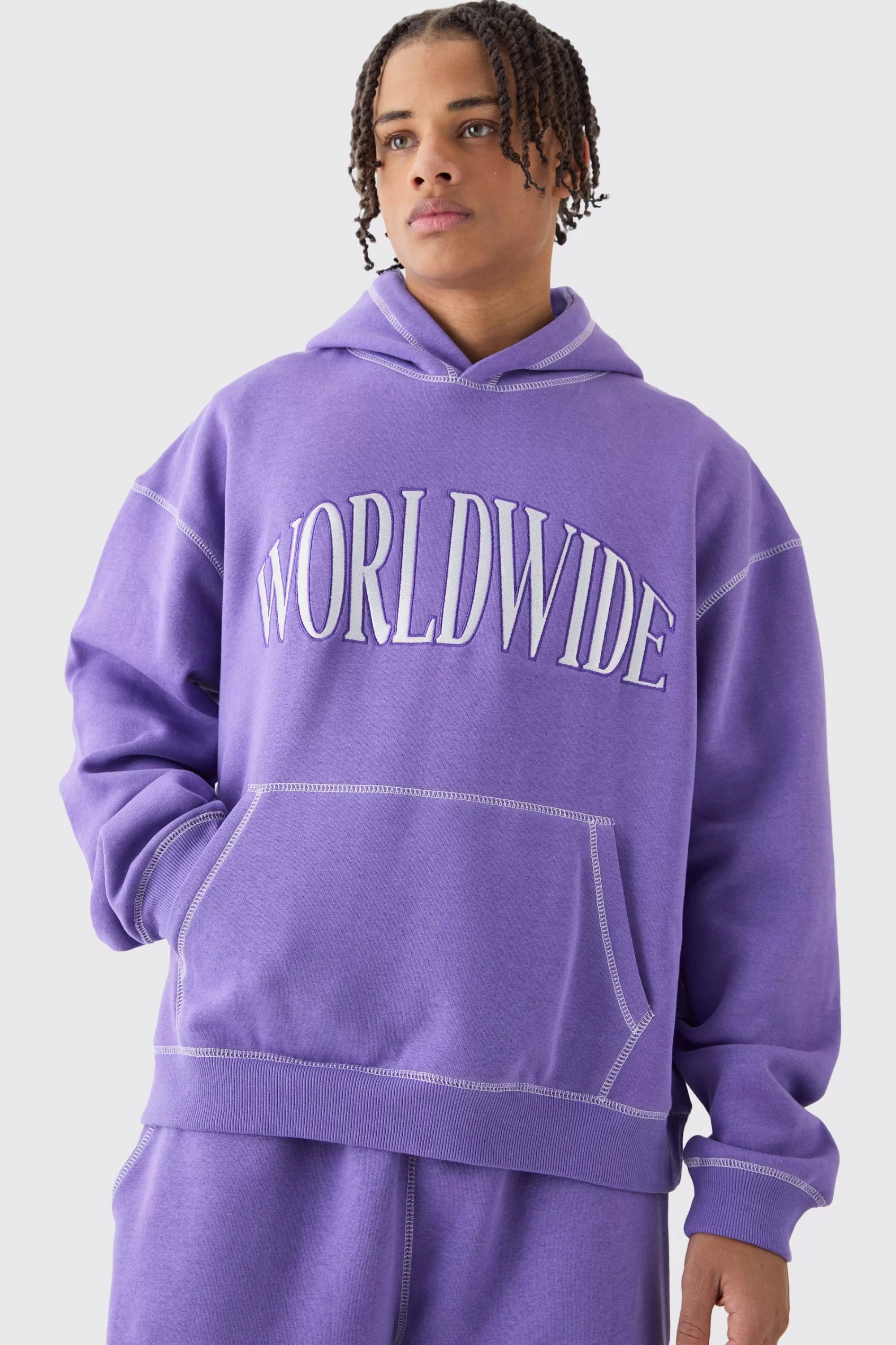boohooMAN Oversized Boxy Worldwide Contrast Stitch Hooded Tracksuit | UK