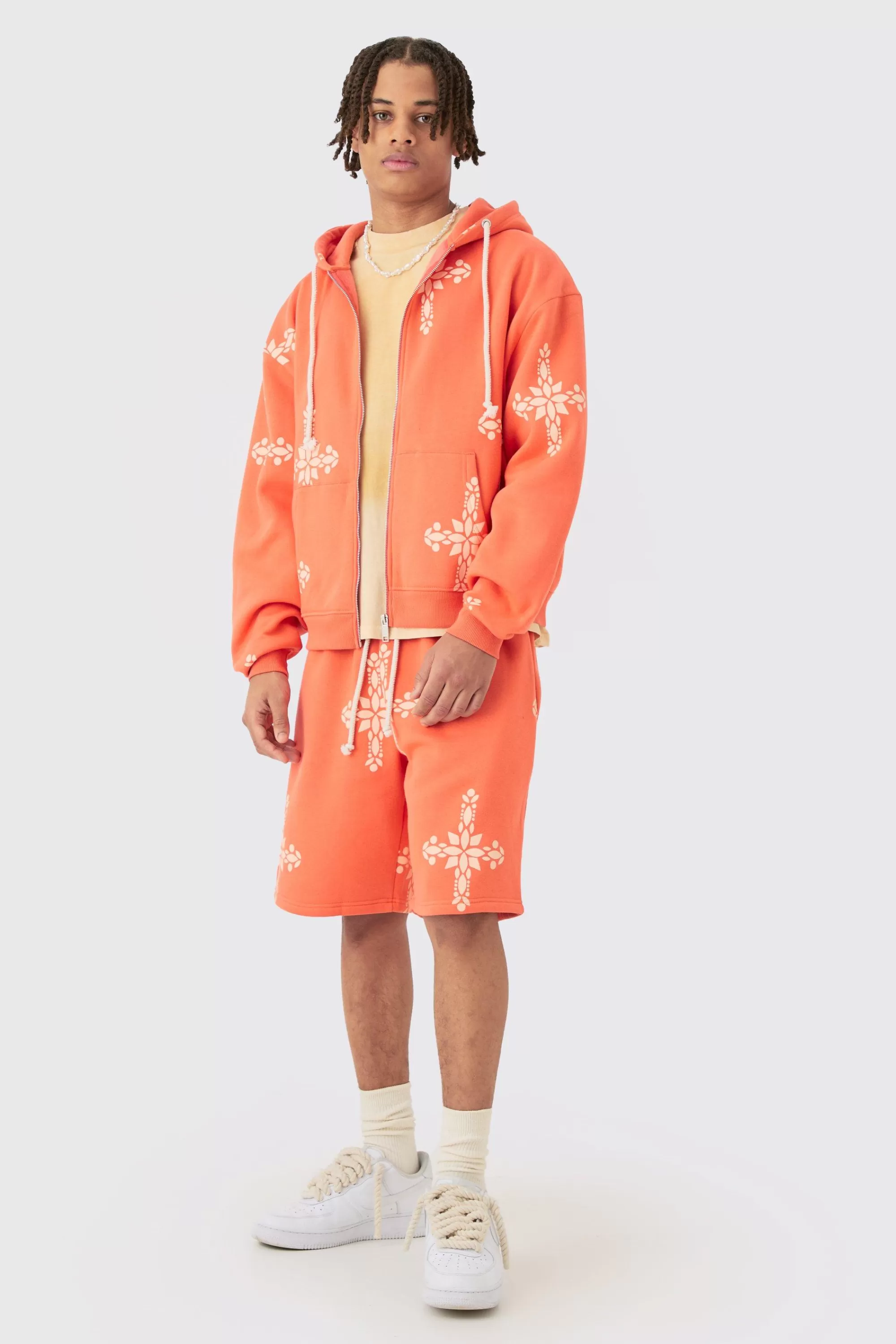 boohooMAN Oversized Boxy Zip Through Cross Printed Hoodie & Shorts | UK