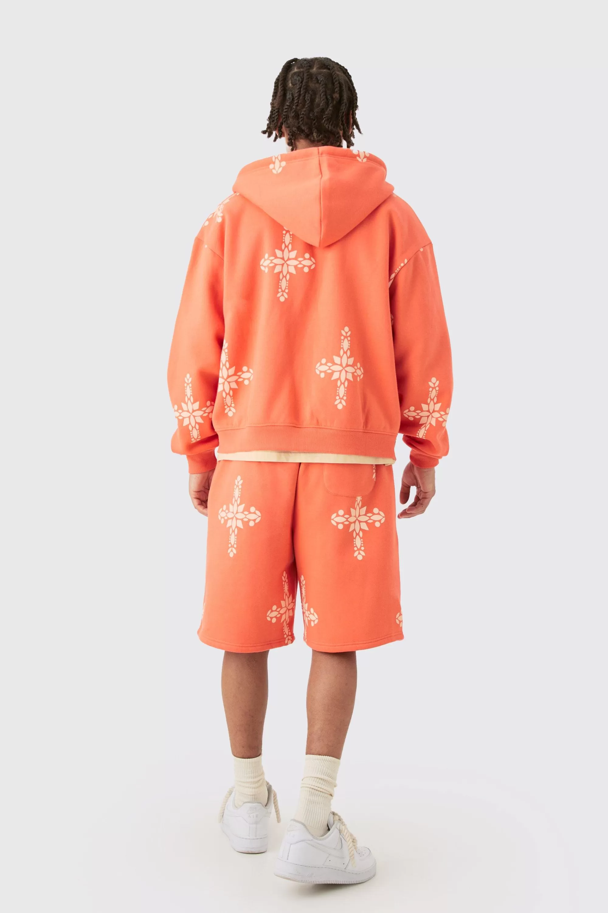 boohooMAN Oversized Boxy Zip Through Cross Printed Hoodie & Shorts | UK