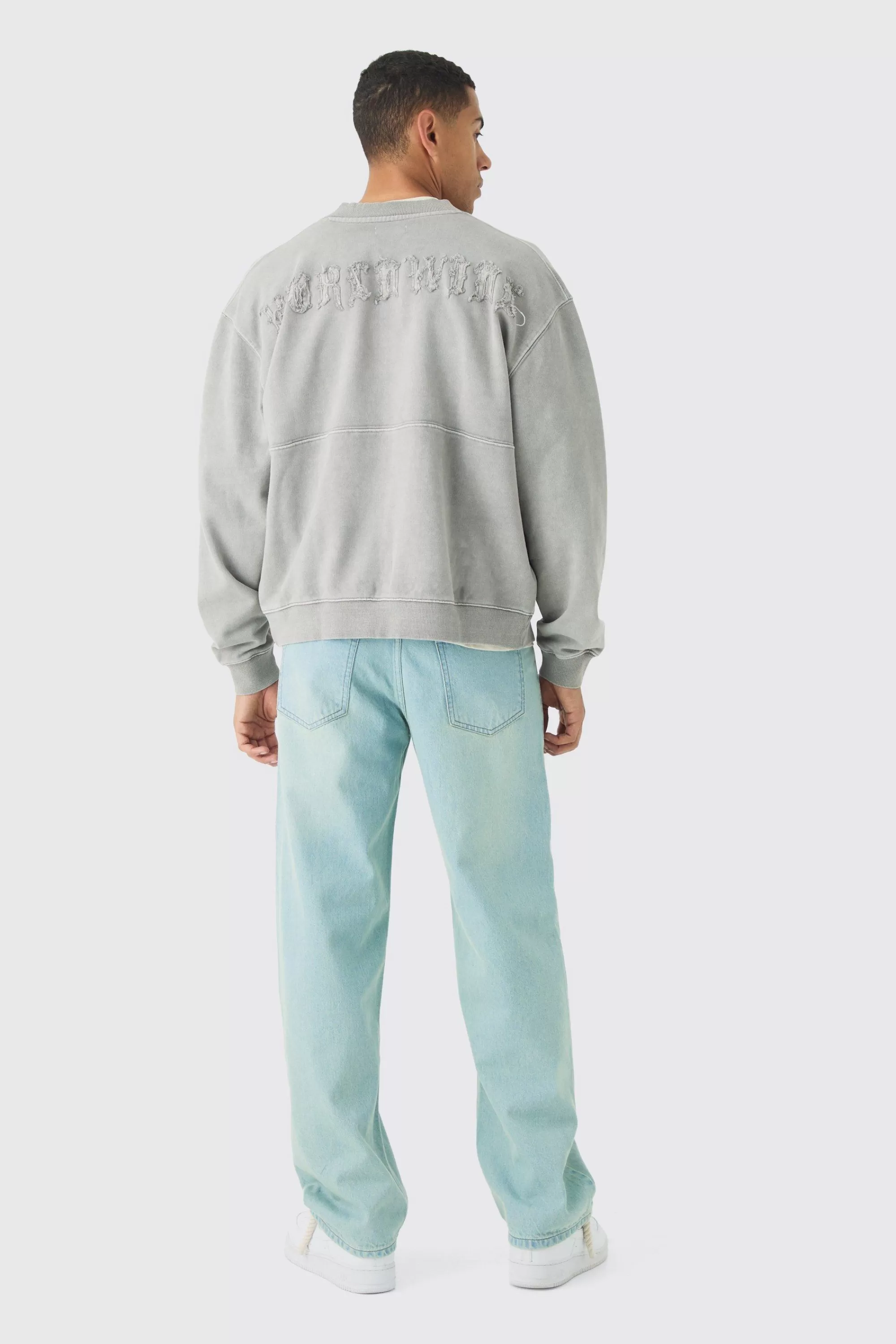 boohooMAN Oversized Boxy Zip Through Distressed Applique Bomber | UK