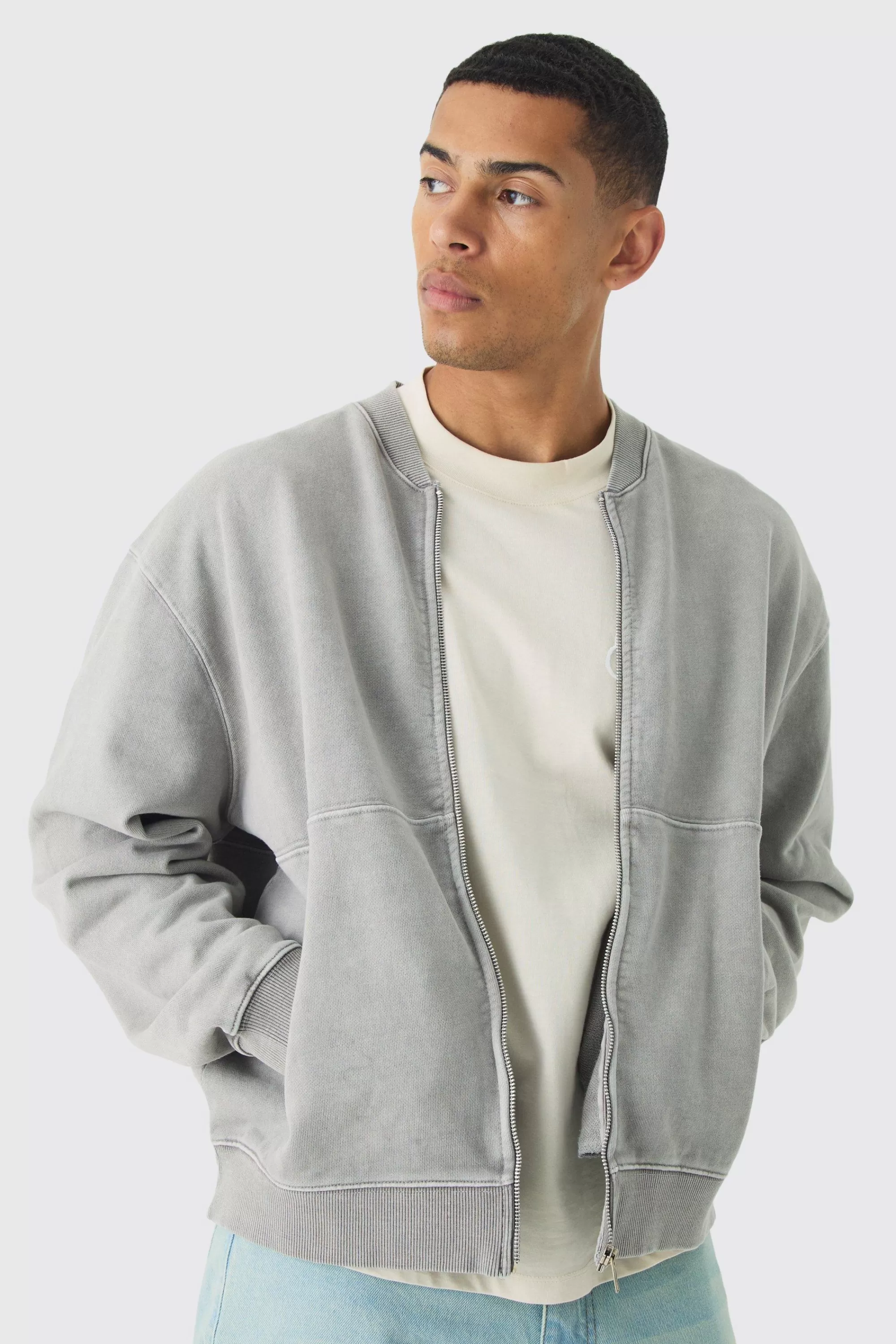 boohooMAN Oversized Boxy Zip Through Distressed Applique Bomber | UK