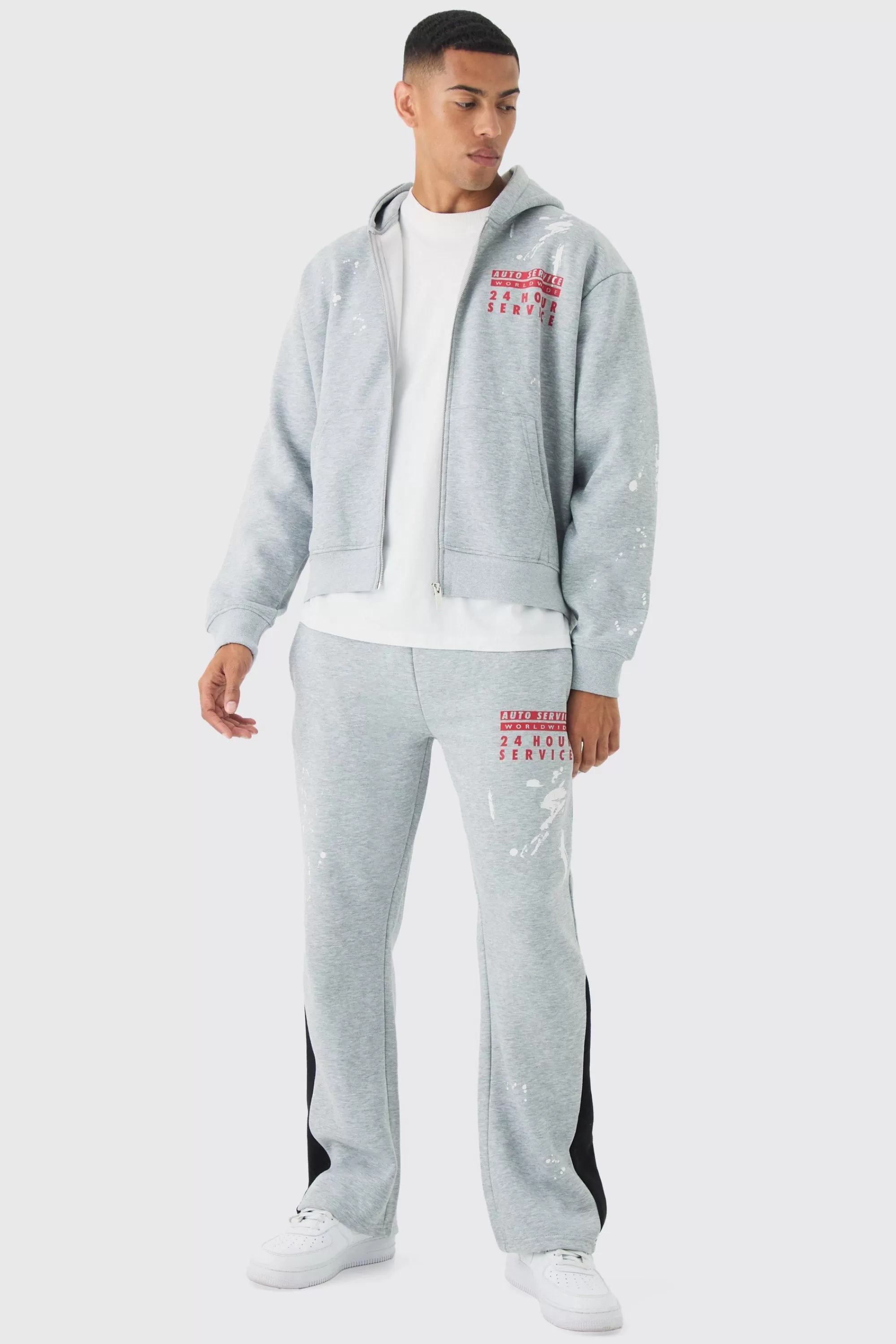 boohooMAN Oversized Boxy Zip Through Paint Splatter Printed Gusset Tracksuit | UK