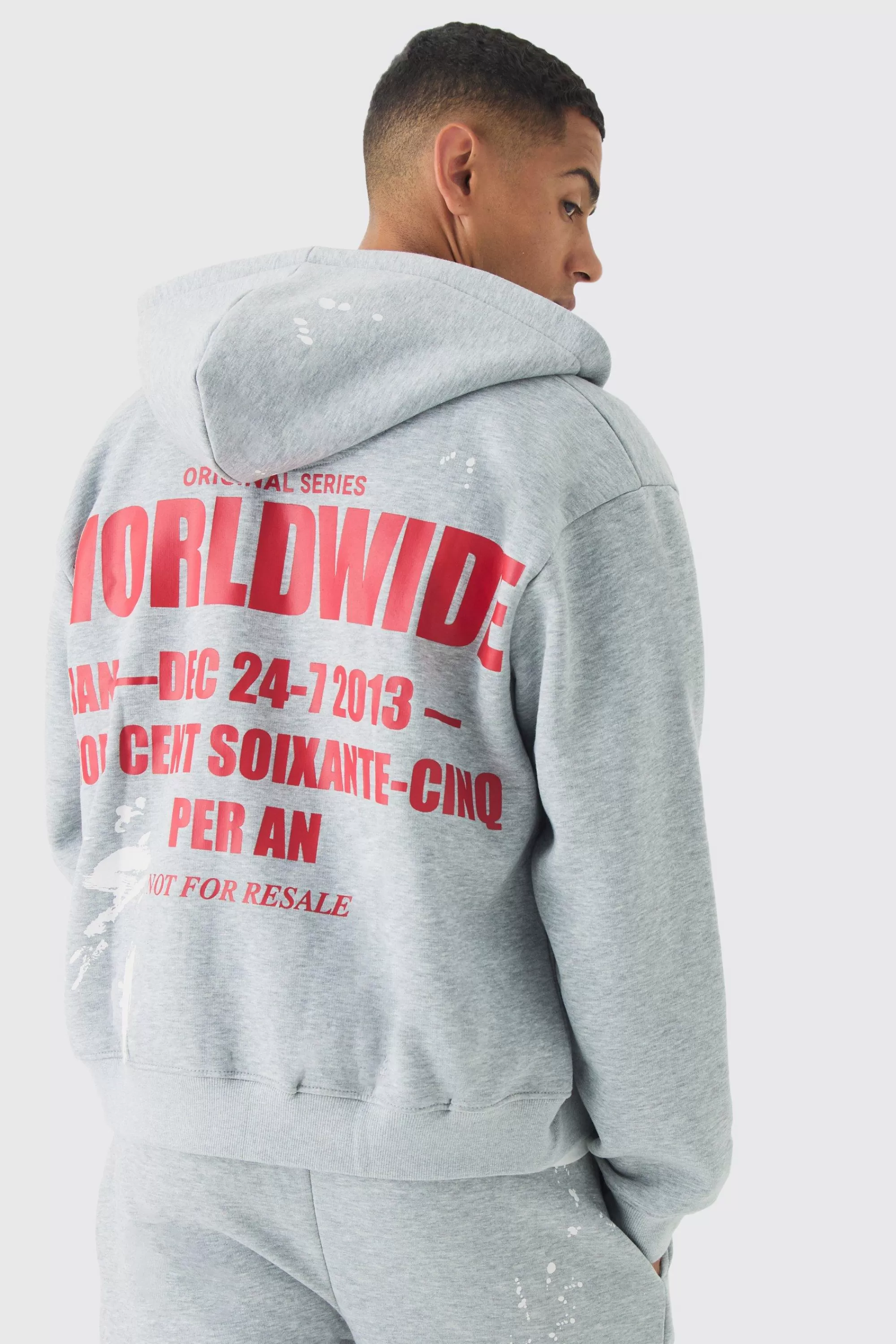 boohooMAN Oversized Boxy Zip Through Paint Splatter Printed Gusset Tracksuit | UK