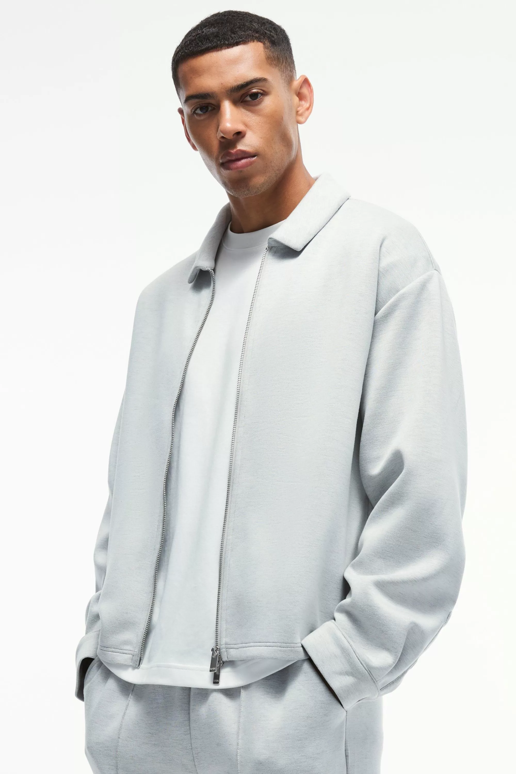 boohooMAN Oversized Boxy Zip Through Scuba Shirt | UK
