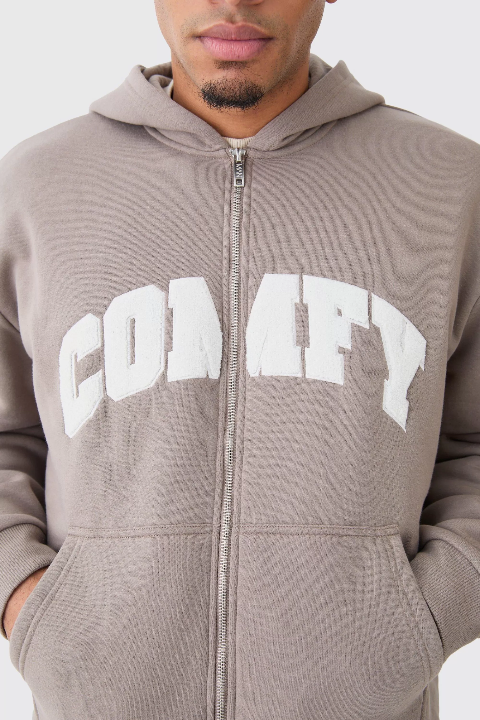 boohooMAN Oversized Boxy Zip Thru Borg Applique Hoodie | UK