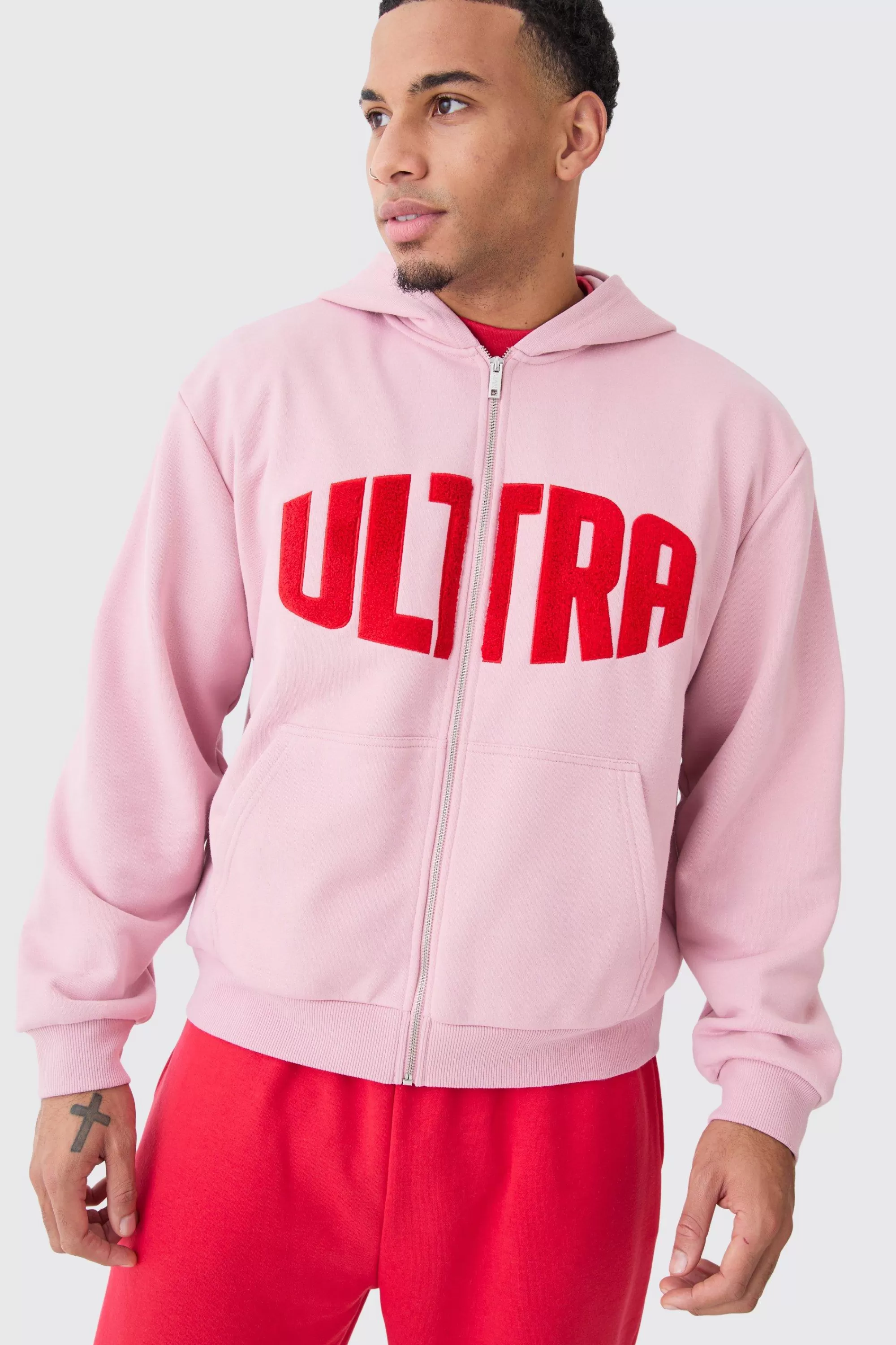 boohooMAN Oversized Boxy Zip Thru Borg Applique Hoodie | UK