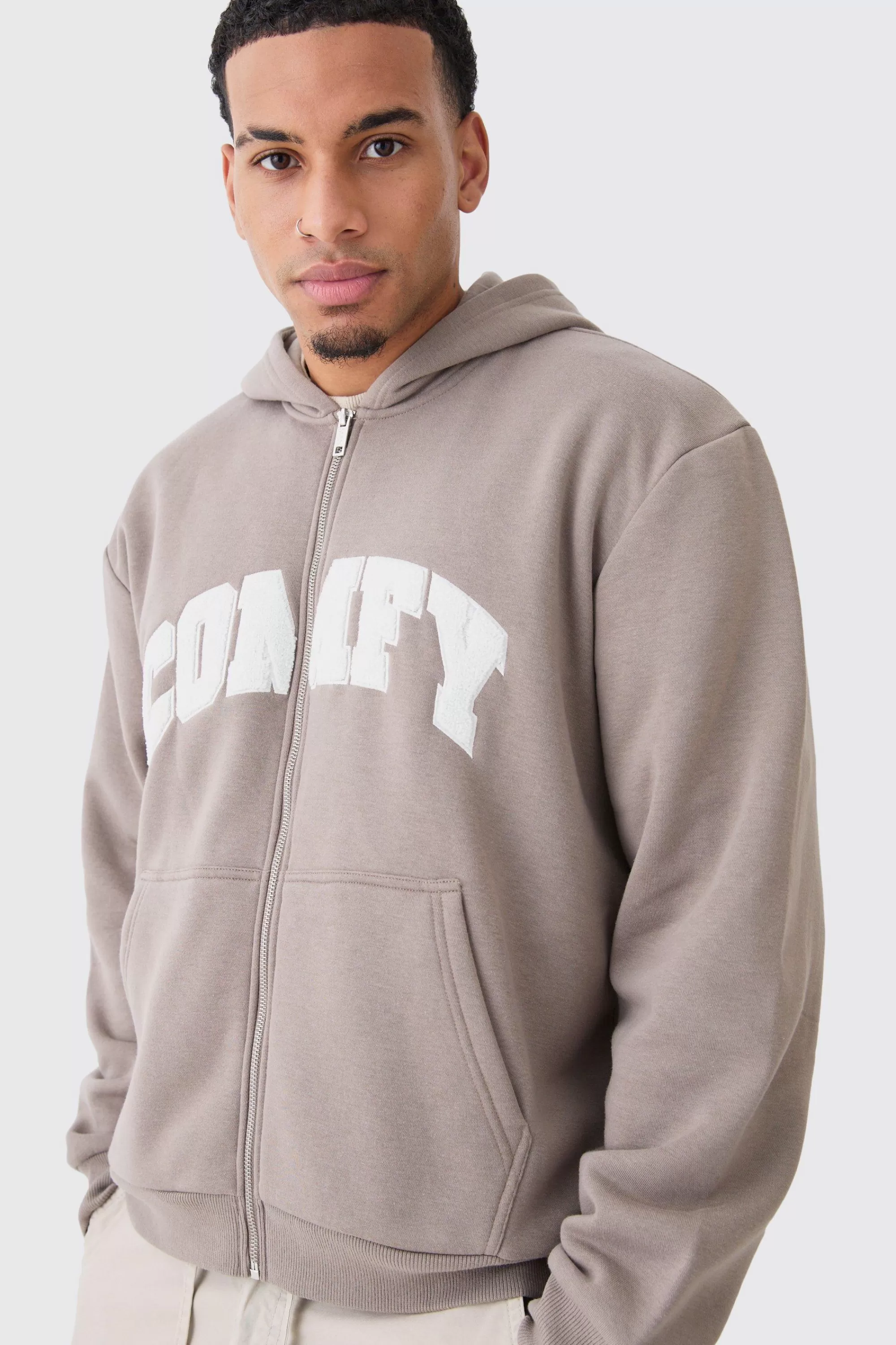 boohooMAN Oversized Boxy Zip Thru Borg Applique Hoodie | UK