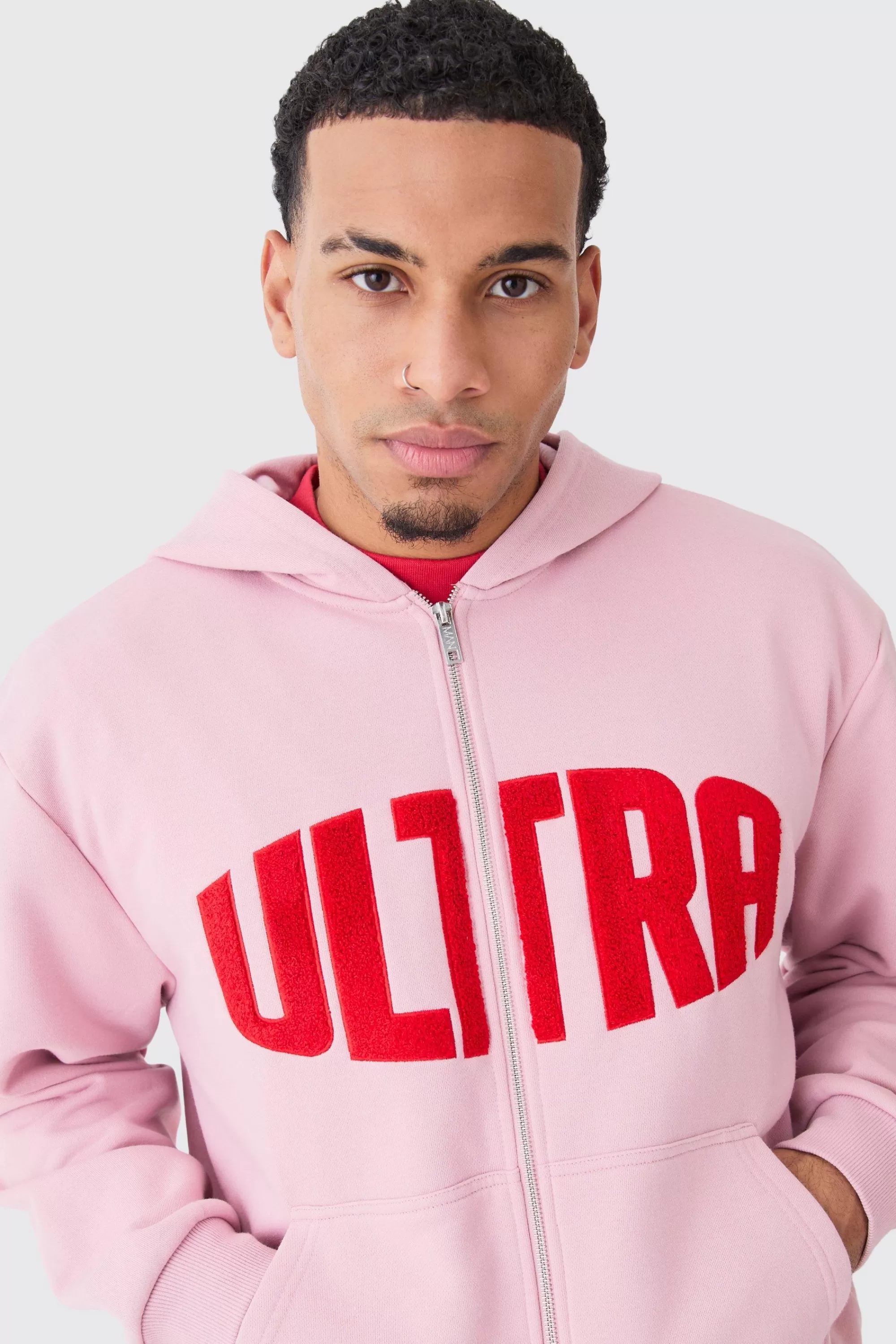 boohooMAN Oversized Boxy Zip Thru Borg Applique Hoodie | UK
