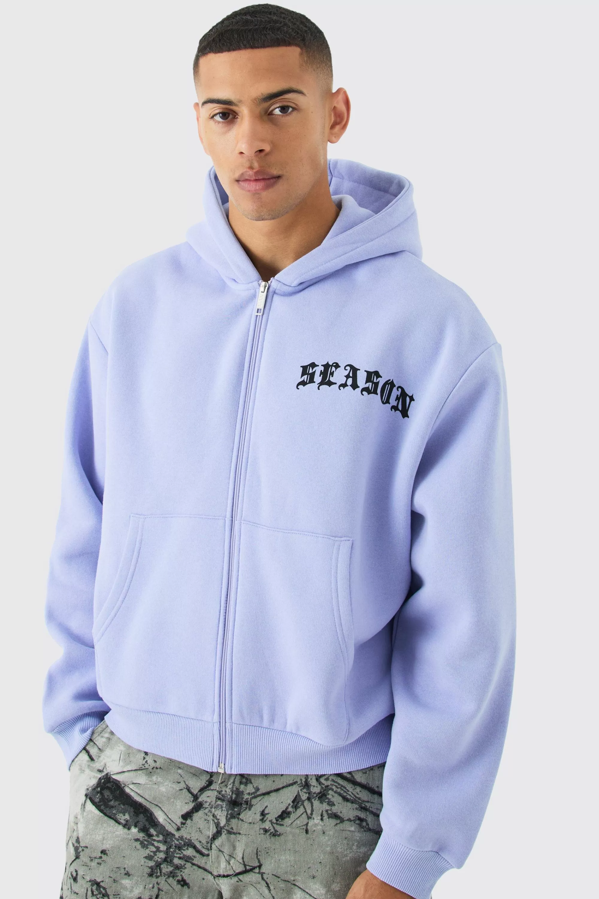 boohooMAN Oversized Boxy Zip Thru Gothic Season Hoodie | UK
