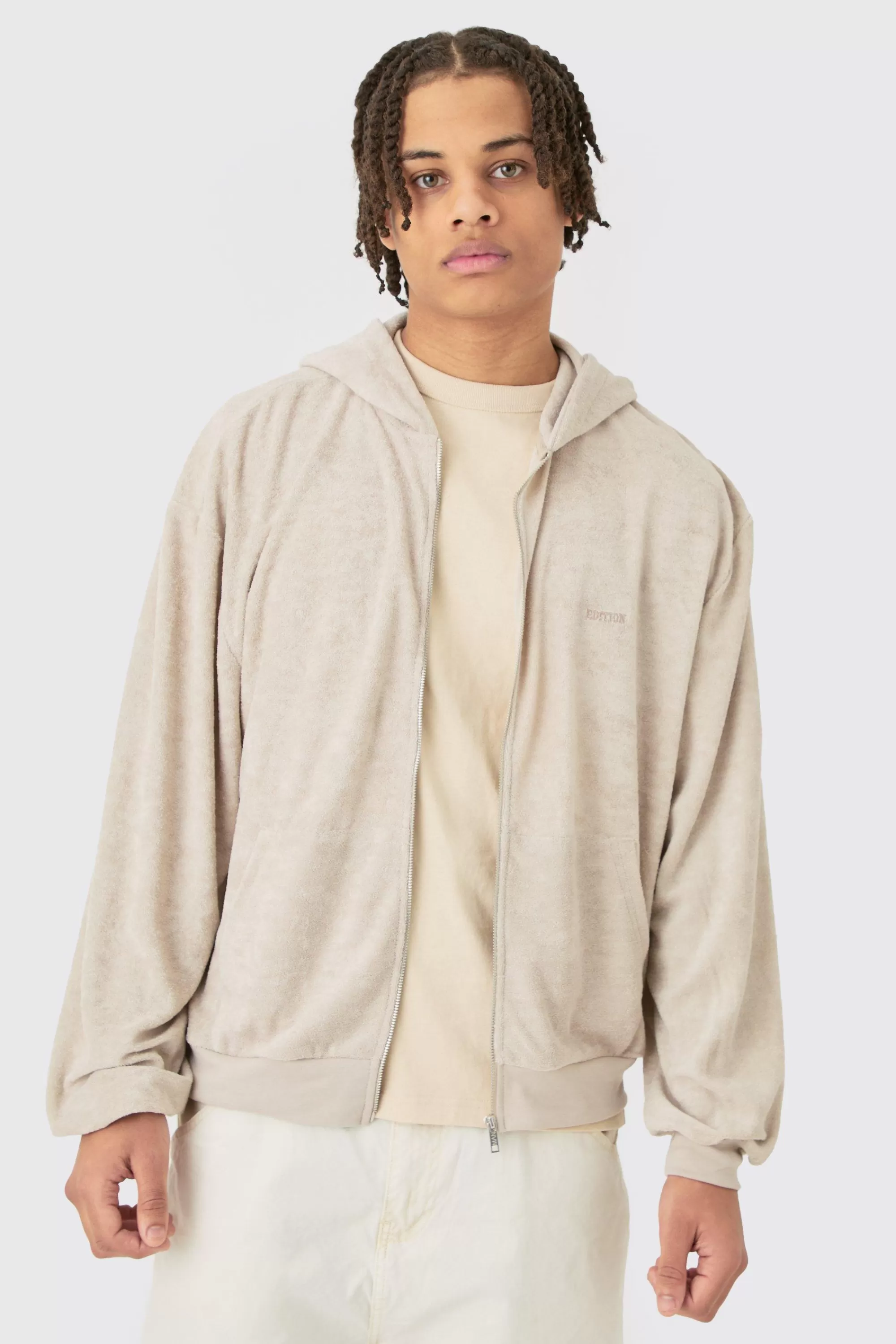 boohooMAN Oversized Boxy Zip Towelling Edition Hoodie | UK