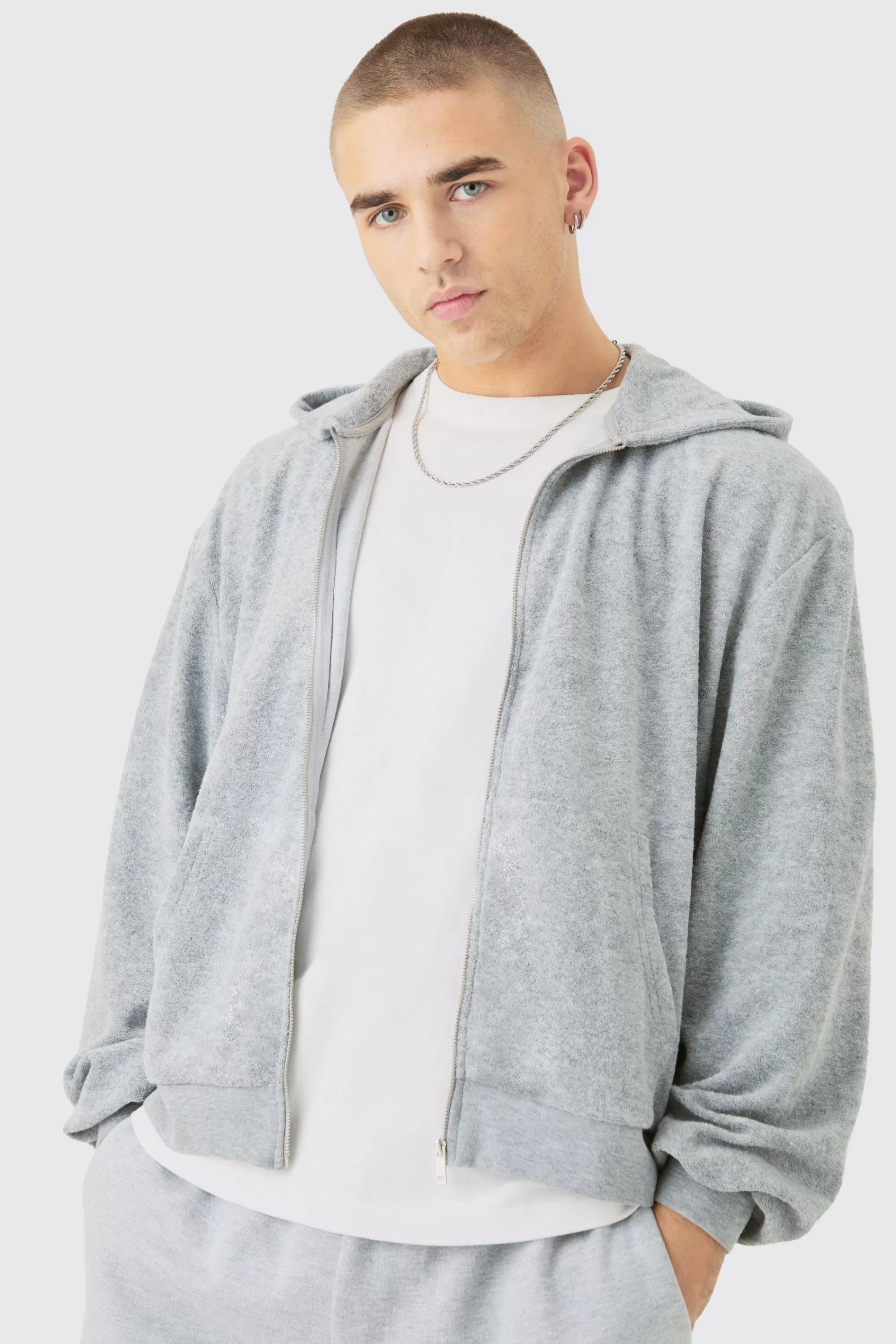 boohooMAN Oversized Boxy Zip Towelling Hoodie | UK