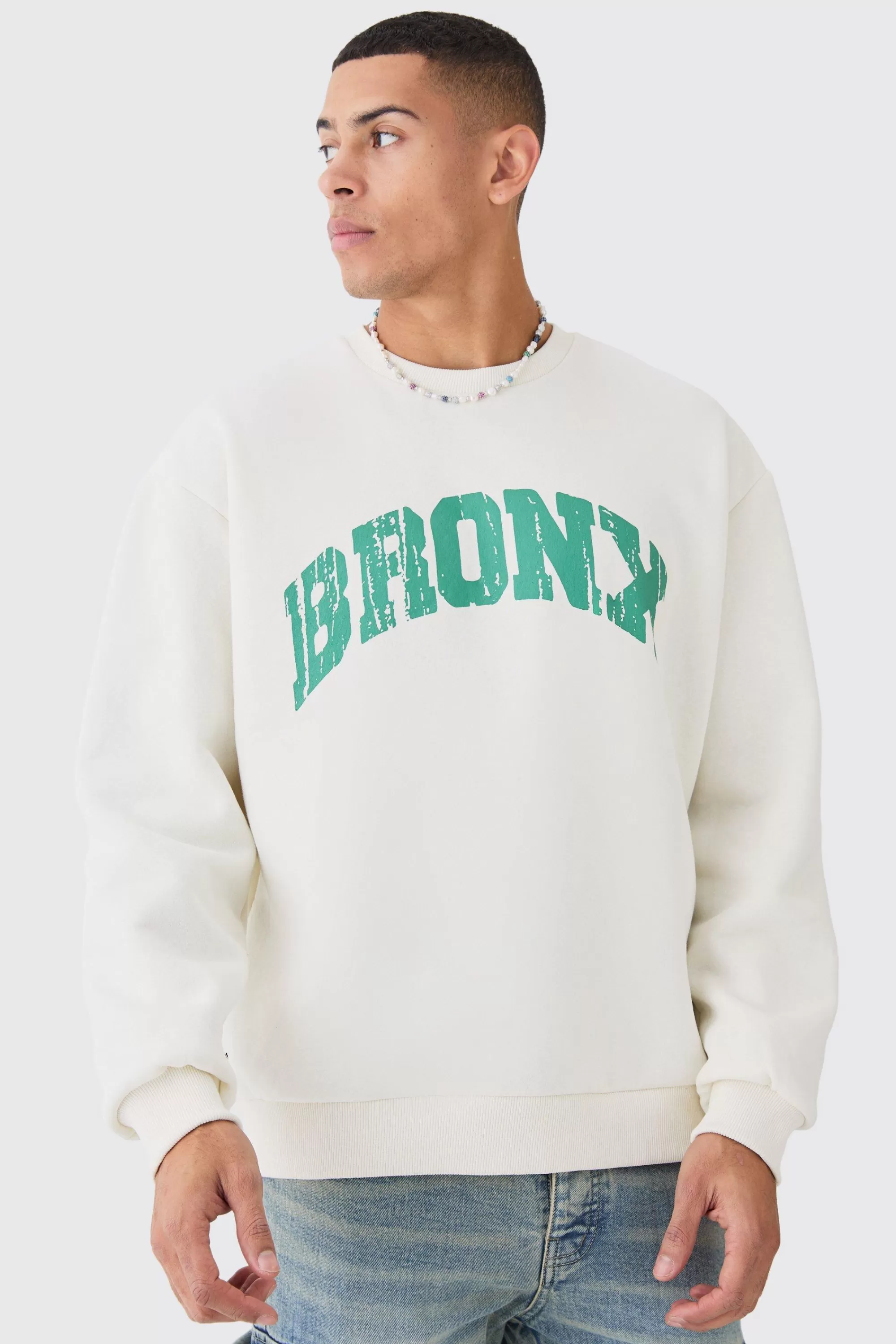 boohooMAN Oversized Bronx Varsity Sweatshirt | UK