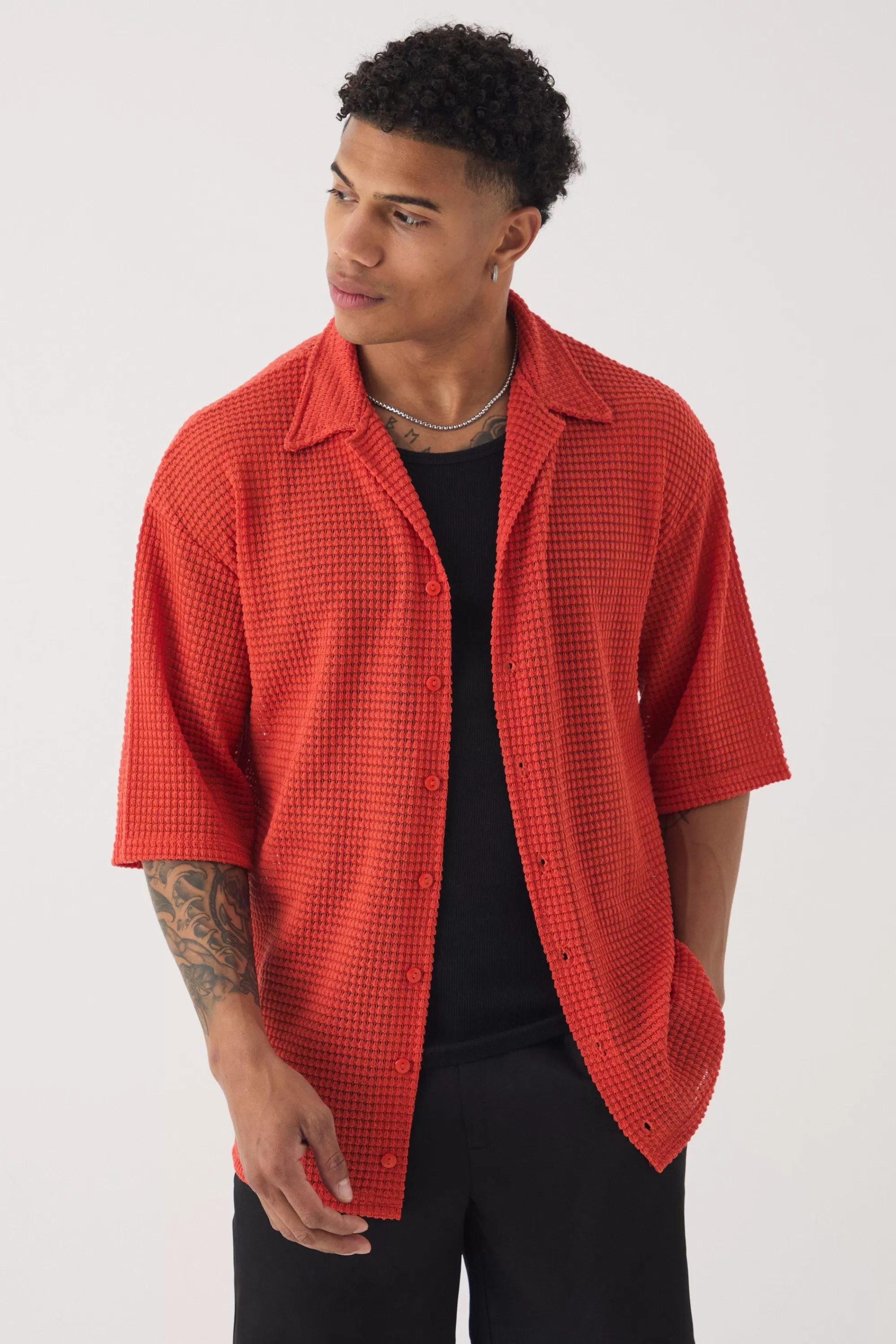 boohooMAN Oversized Button Through Textured Shirt | UK