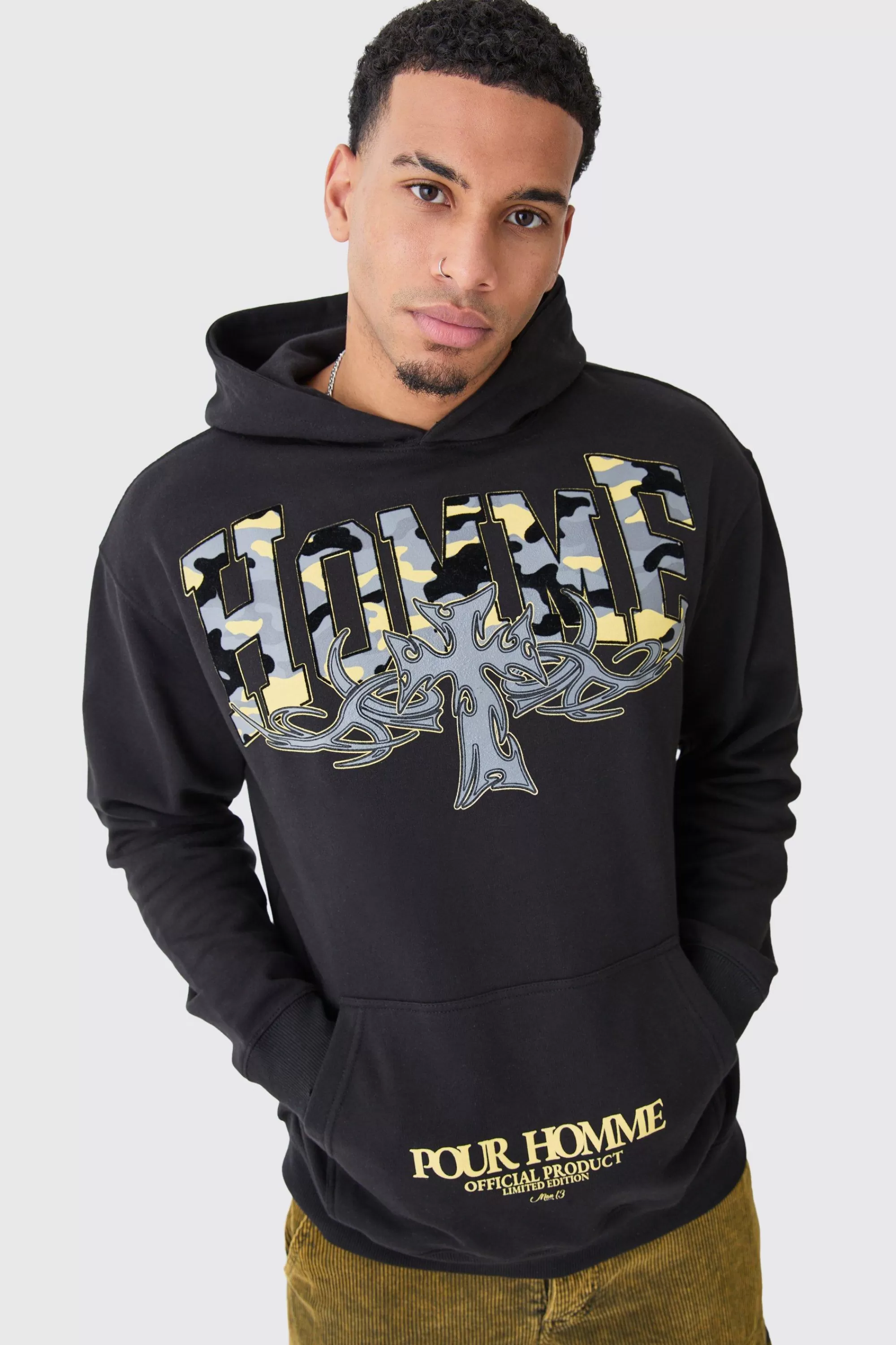 boohooMAN Oversized Camo Flock Print Hoodie | UK