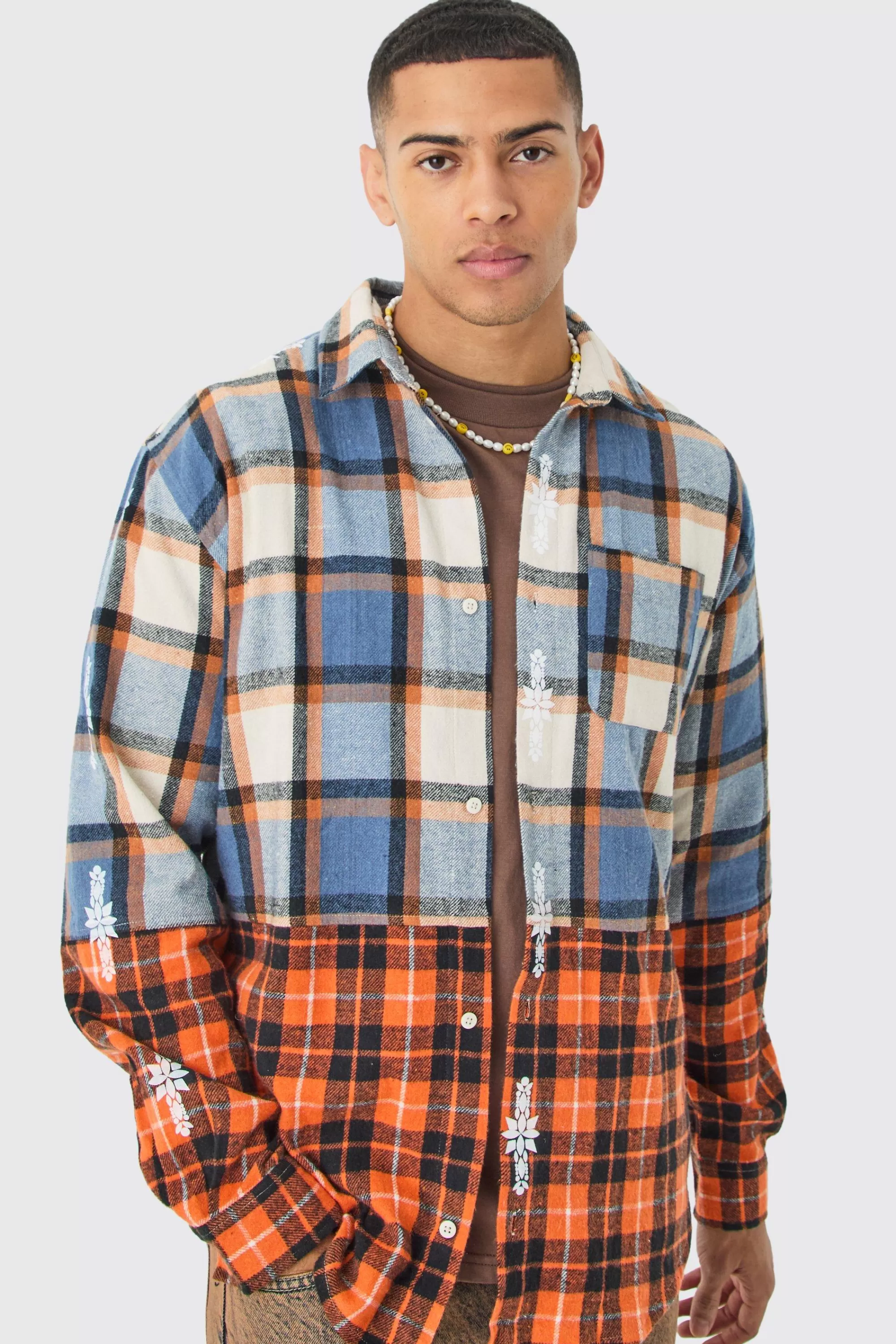 boohooMAN Oversized Check Splice Printed Placket Shirt | UK