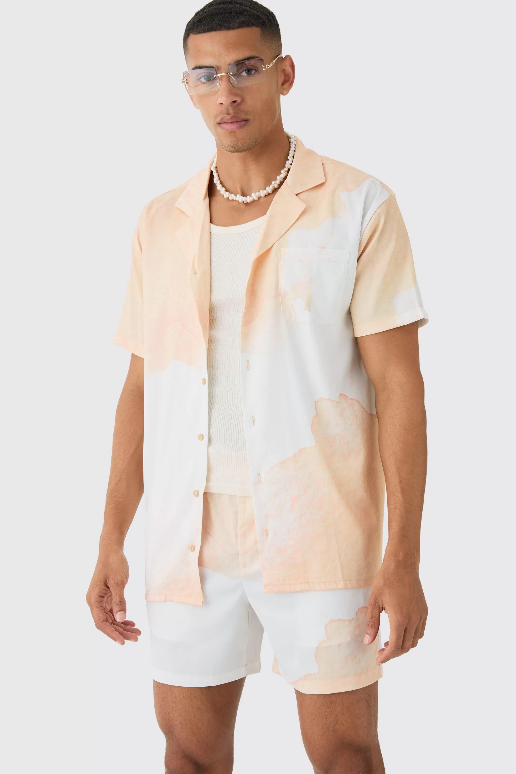 boohooMAN Oversized Cloud Short Sleeve Satin Shirt & Short Set | UK