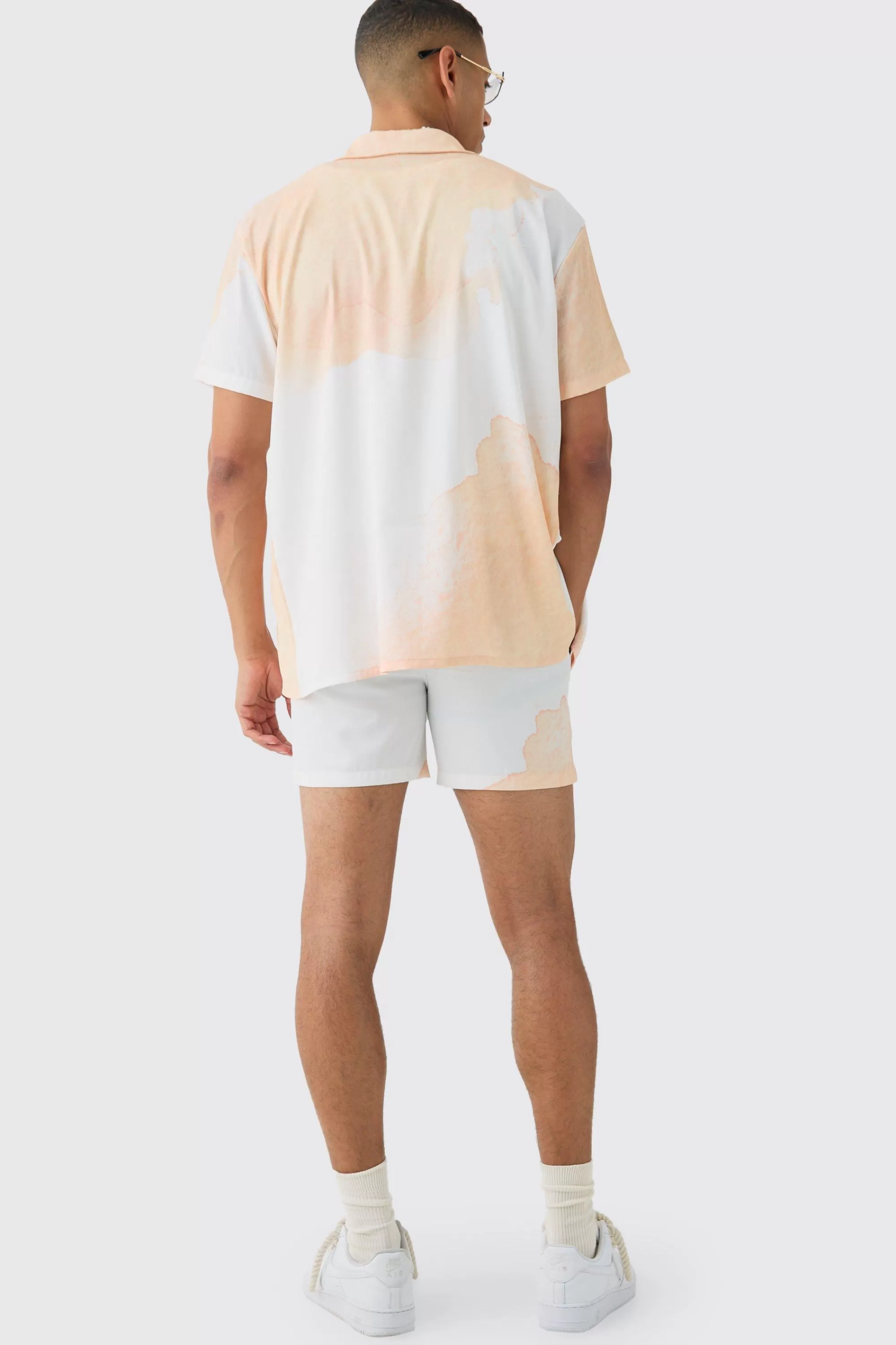 boohooMAN Oversized Cloud Short Sleeve Satin Shirt & Short Set | UK