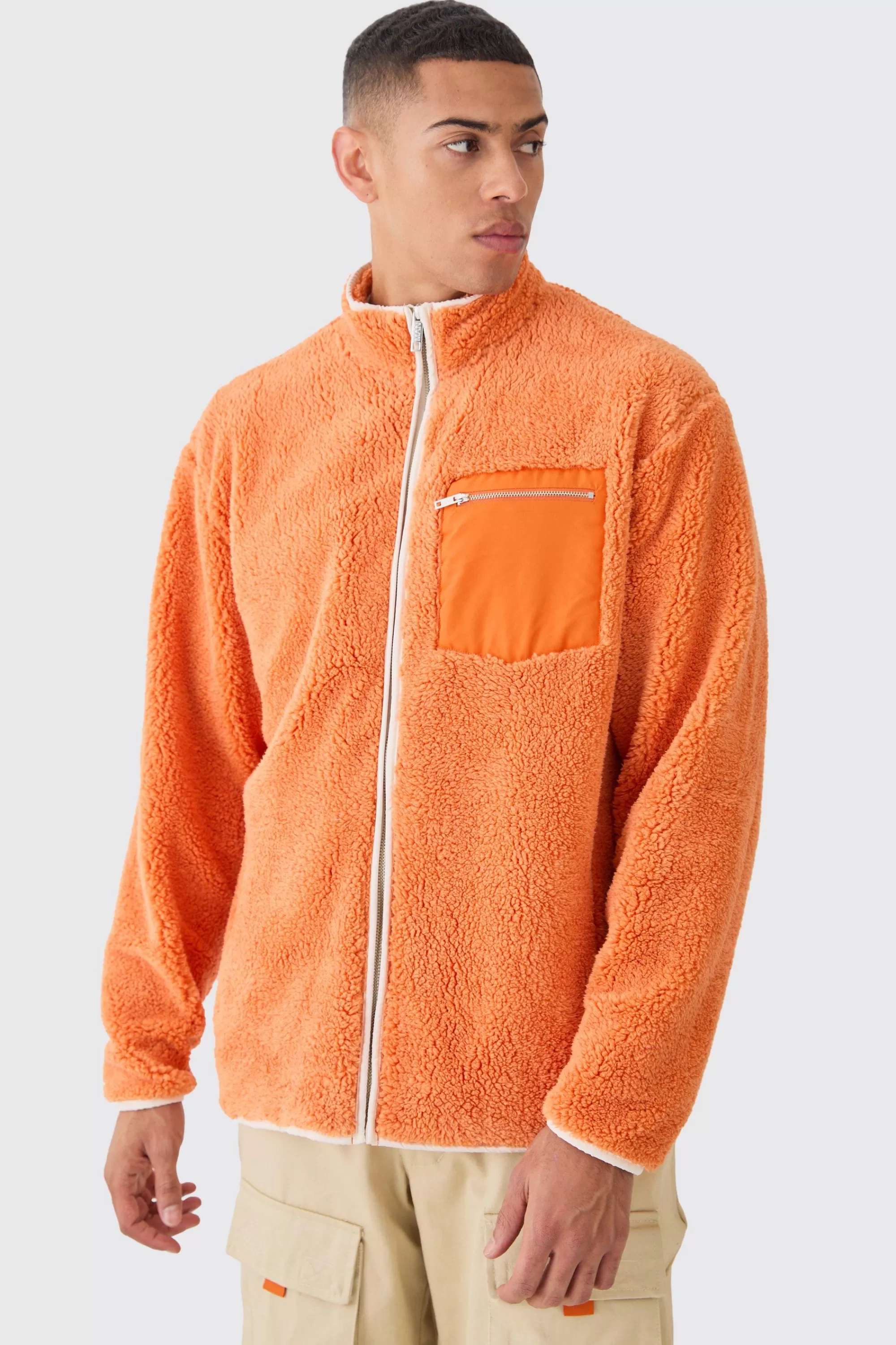 boohooMAN Oversized Contrast Borg Jacket | UK