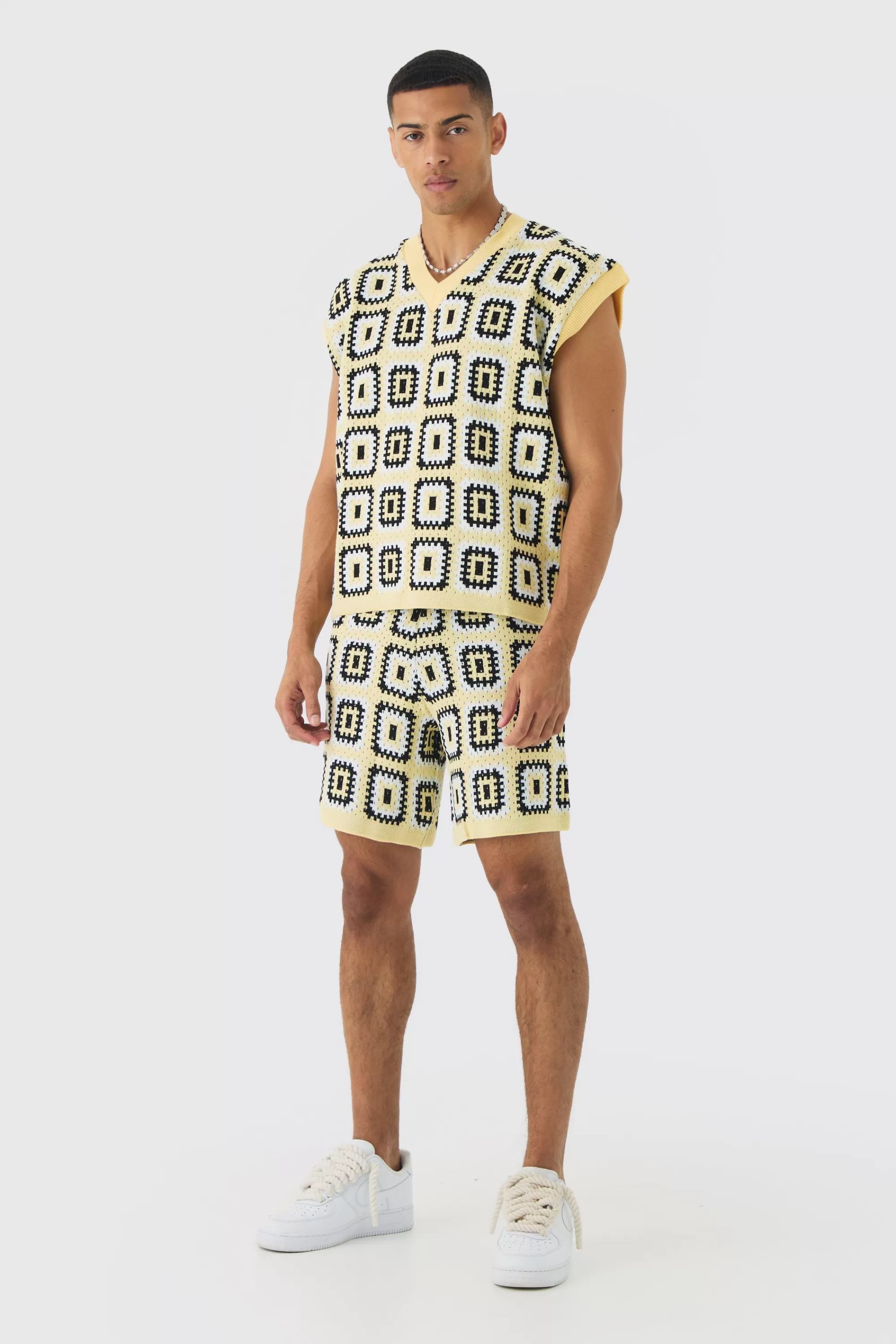 boohooMAN Oversized Crochet Knit Tank And Short Set | UK