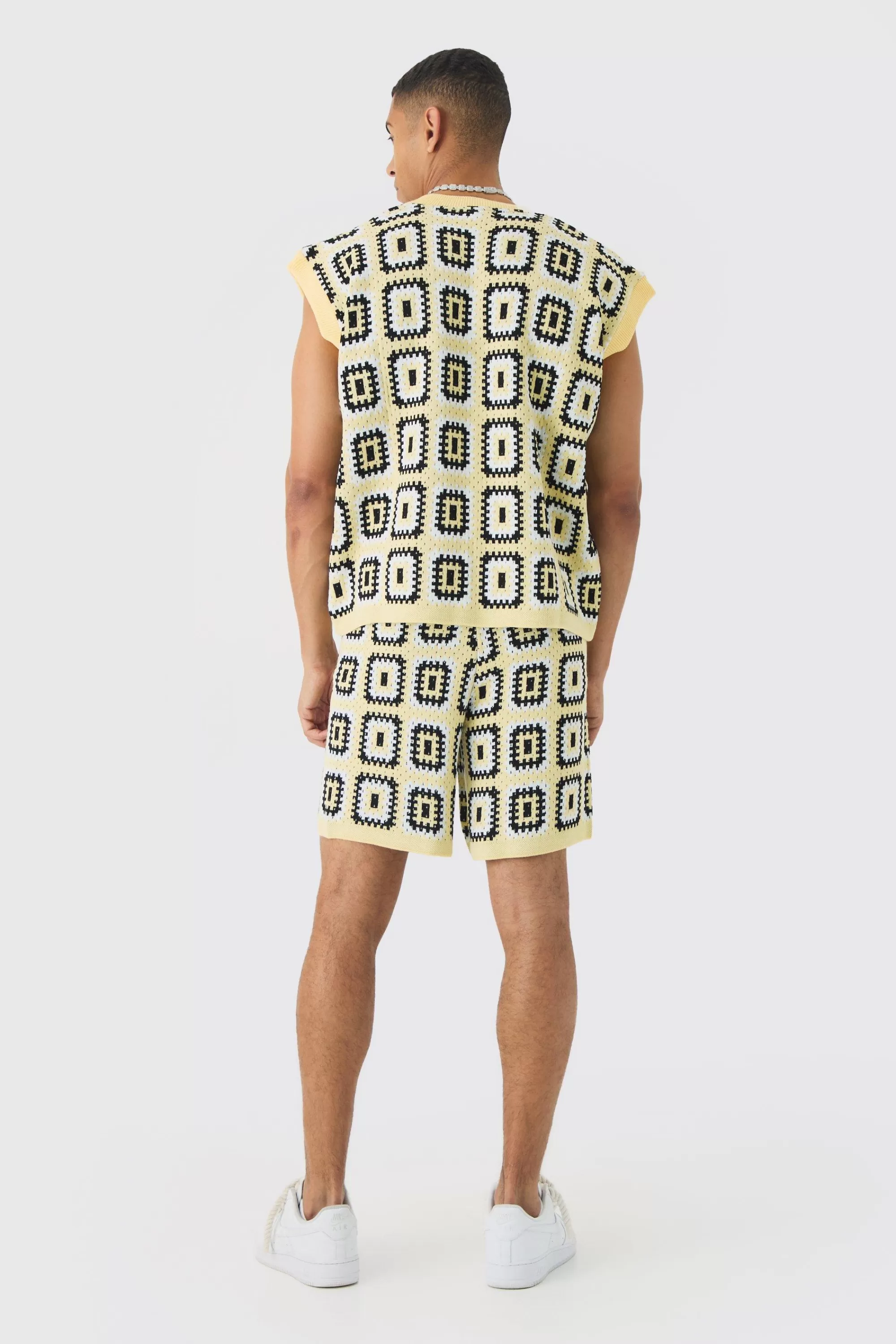 boohooMAN Oversized Crochet Knit Tank And Short Set | UK
