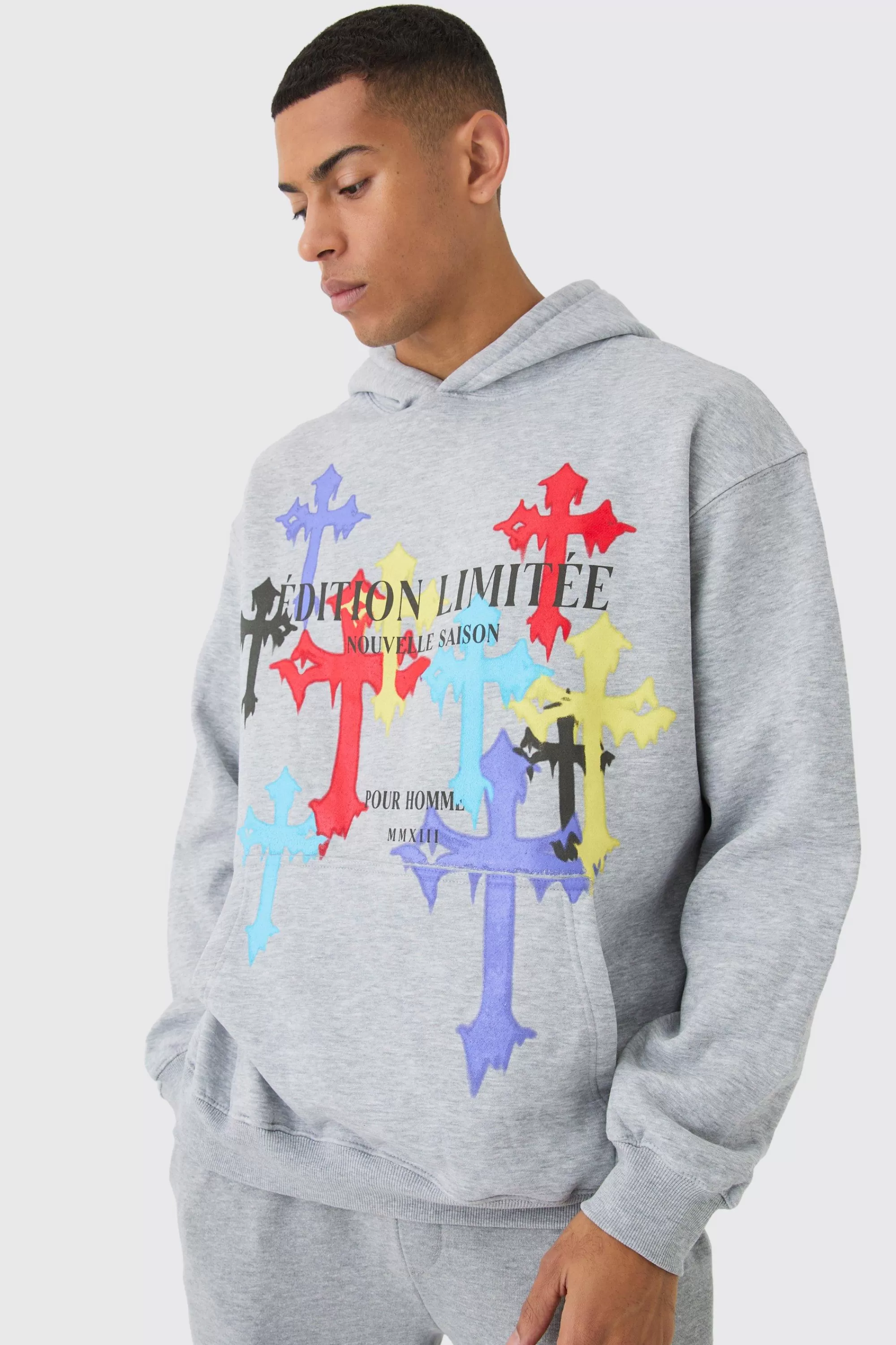boohooMAN Oversized Cross Print Hoodie | UK
