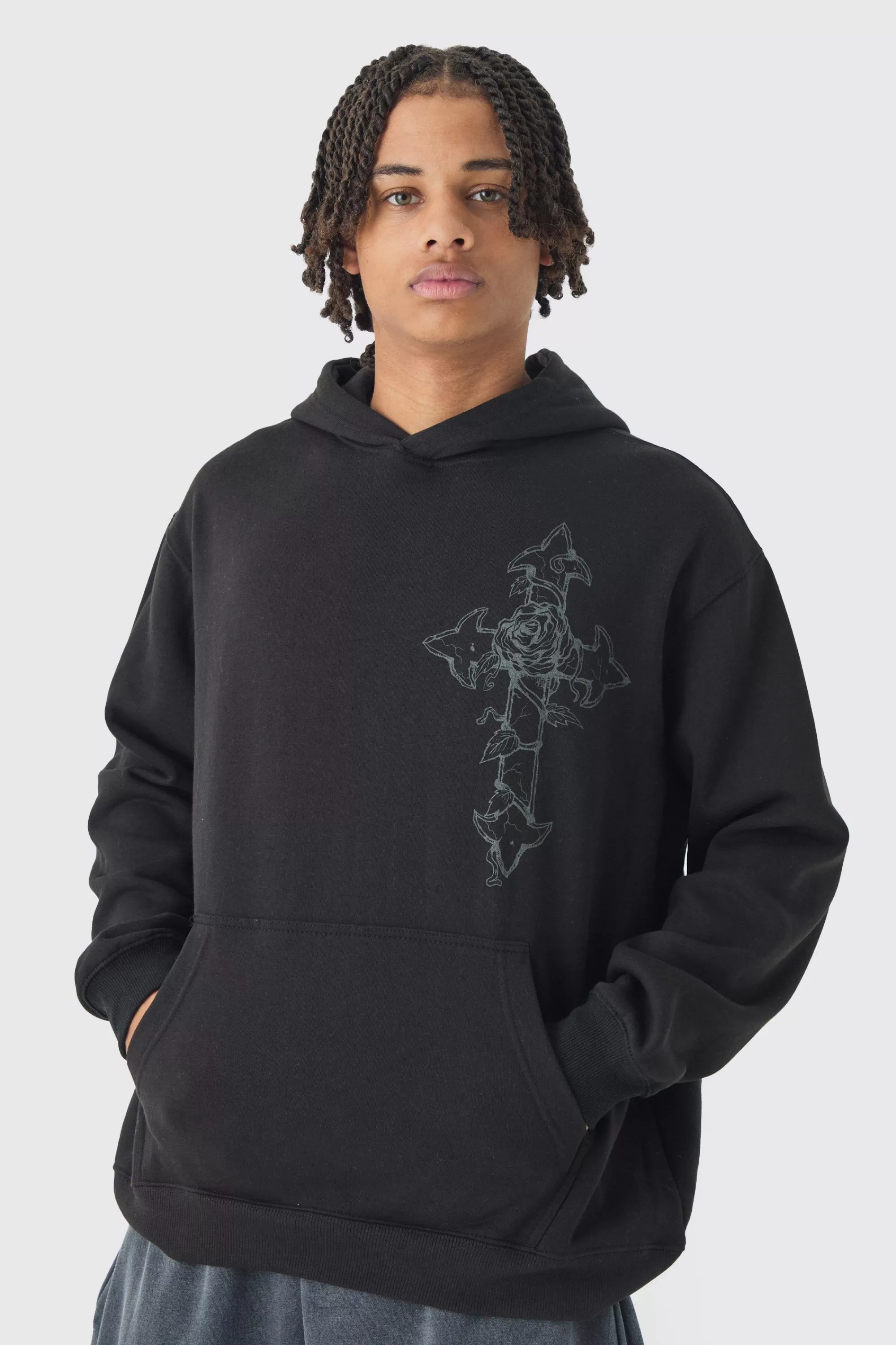 boohooMAN Oversized Cross Print Hoodie | UK