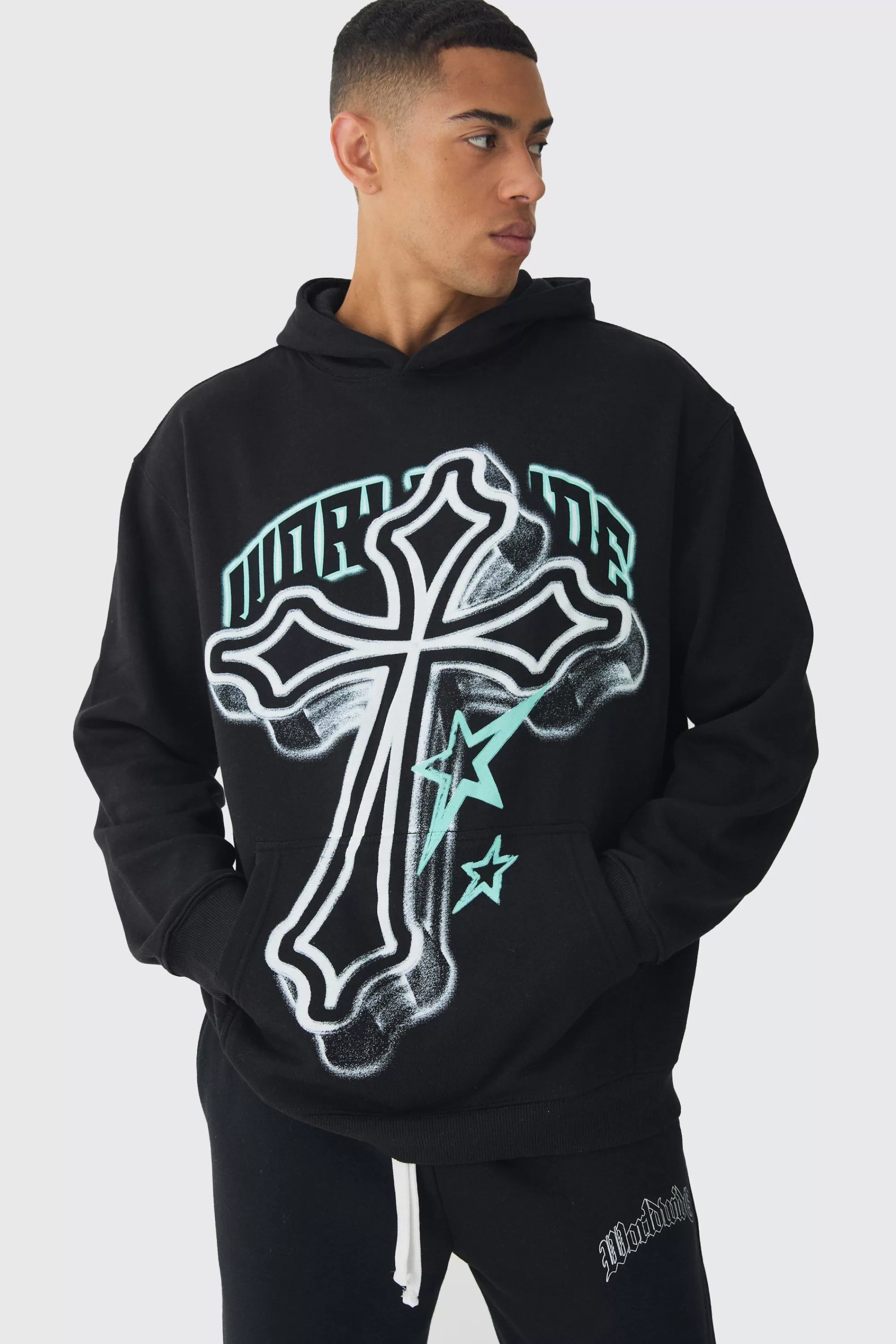 boohooMAN Oversized Cross Printed Hoodie | UK