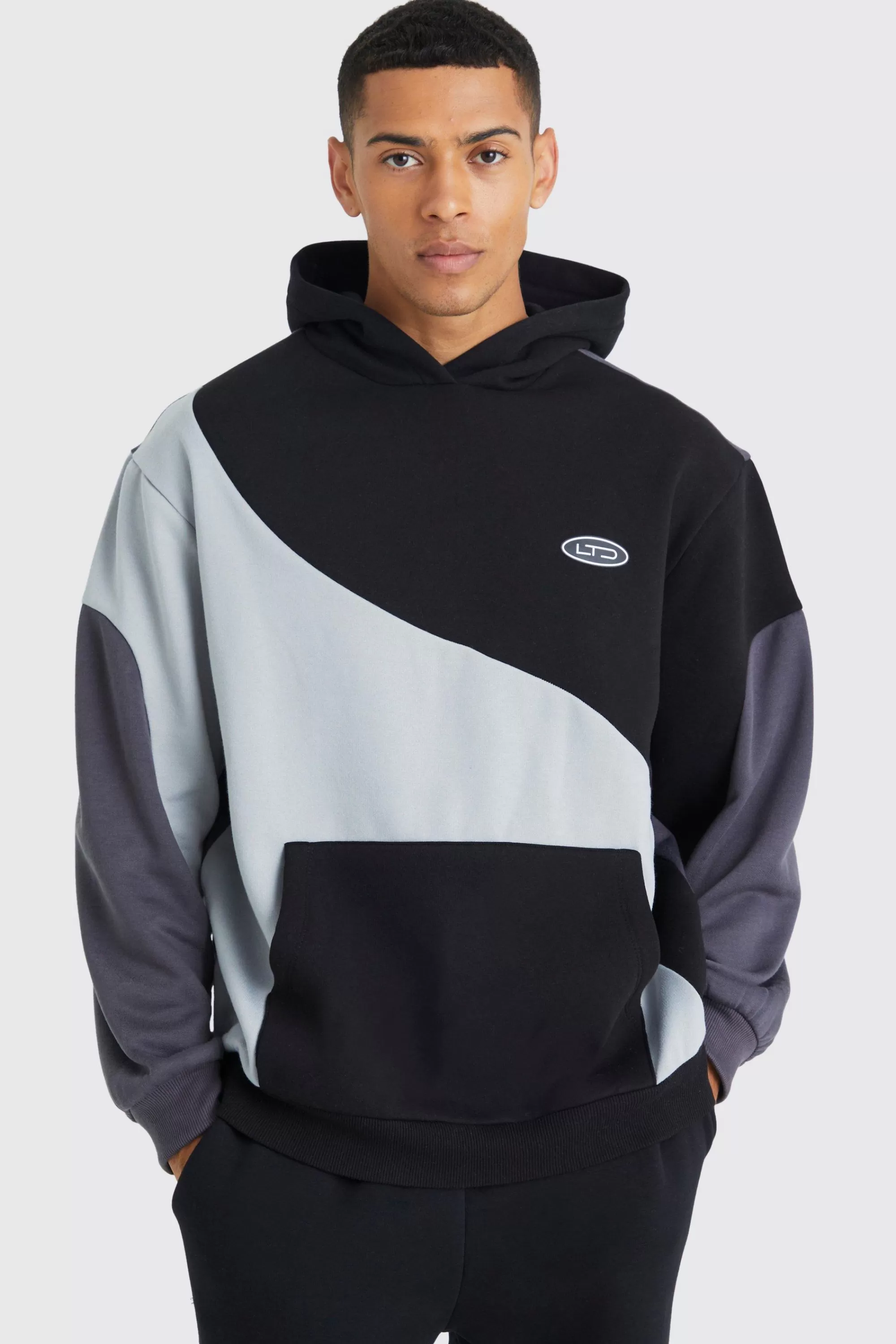 boohooMAN Oversized Curved Colour Block Hoodie | UK