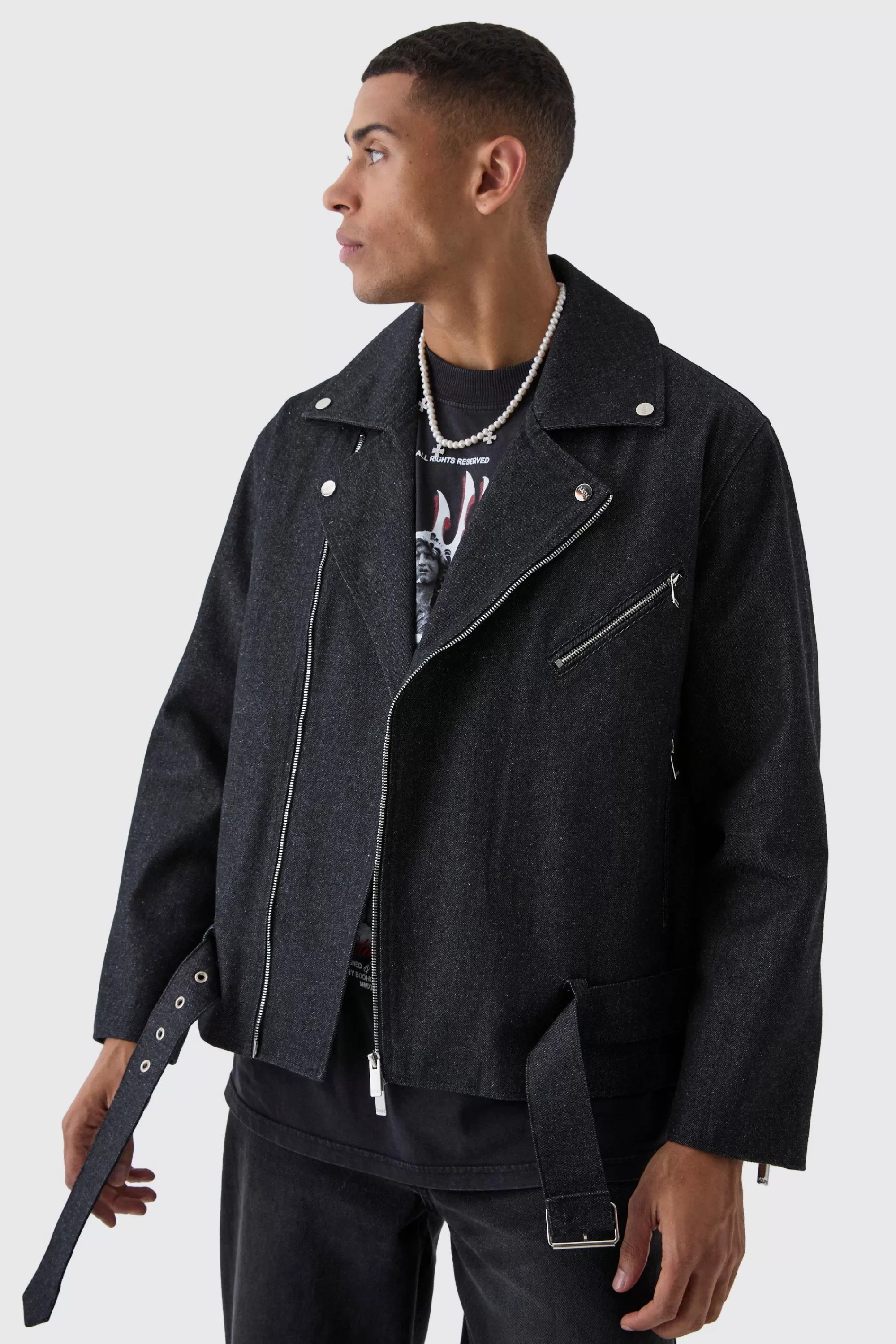 boohooMAN Oversized Denim Biker Jacket | UK