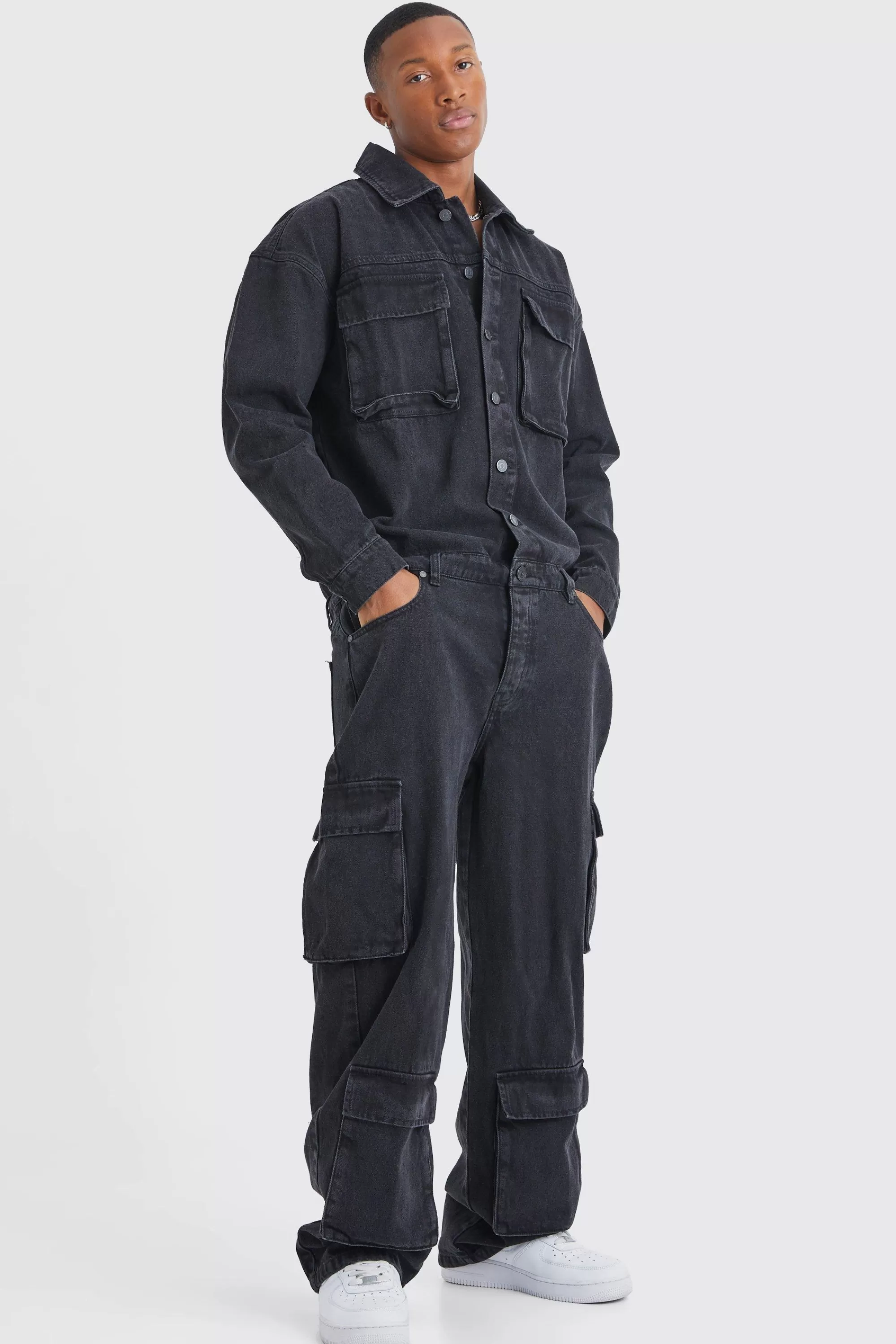 boohooMAN Oversized Denim Boilersuit | UK