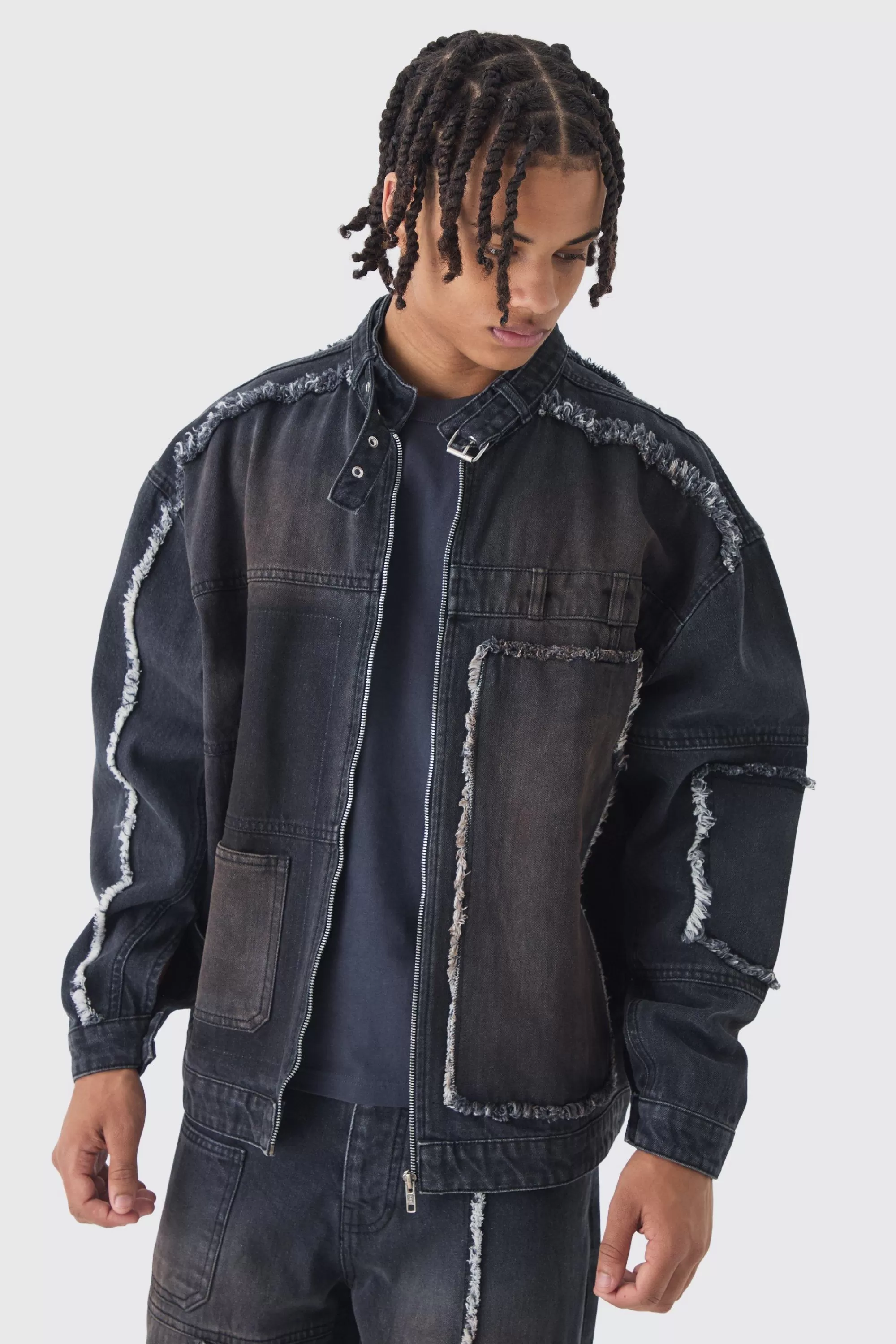 boohooMAN Oversized Dirty Wash Carpenter Denim Biker Jacket | UK