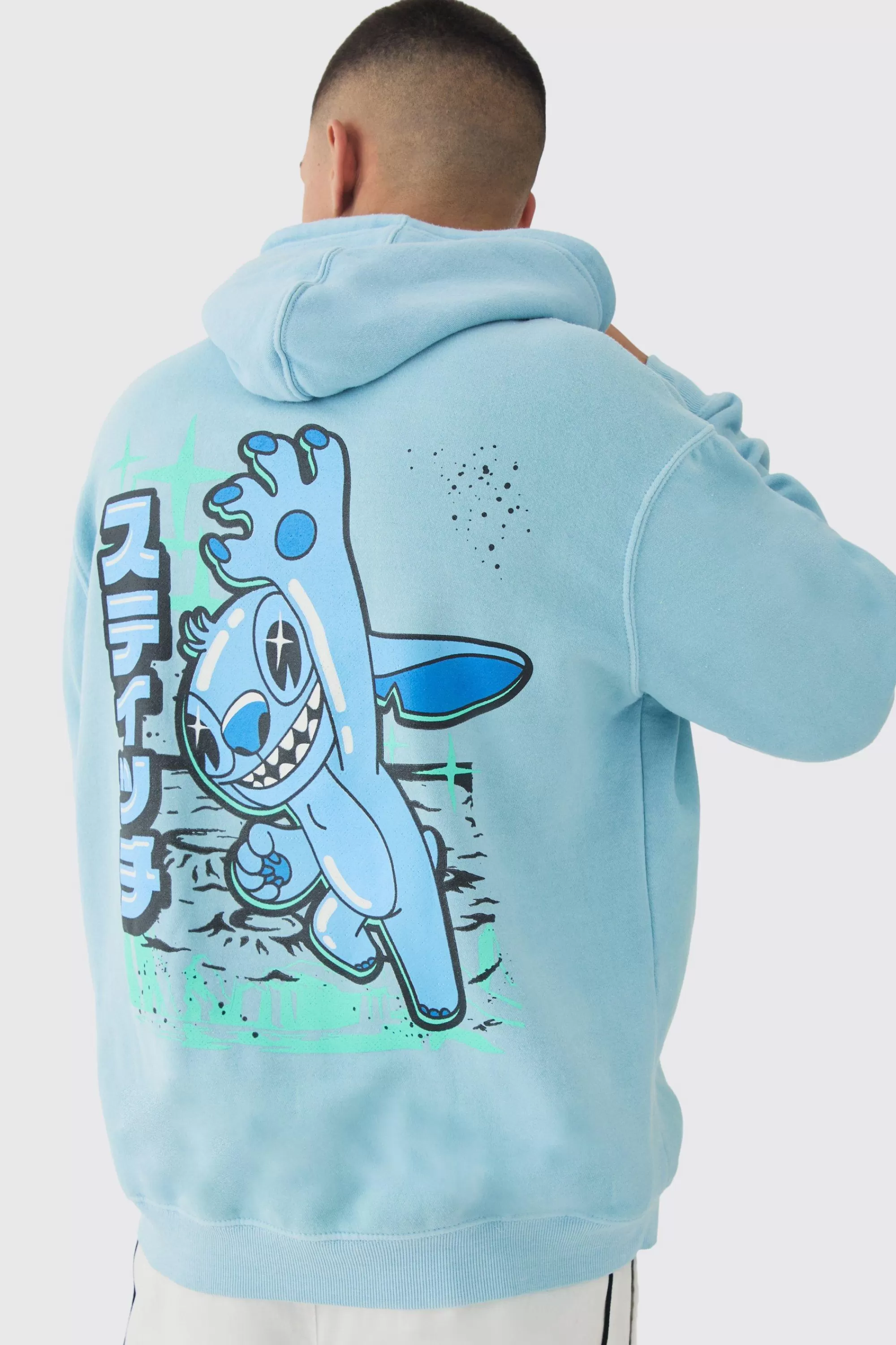 boohooMAN Oversized Disney Lilo And Stitch Wash License Hoodie | UK