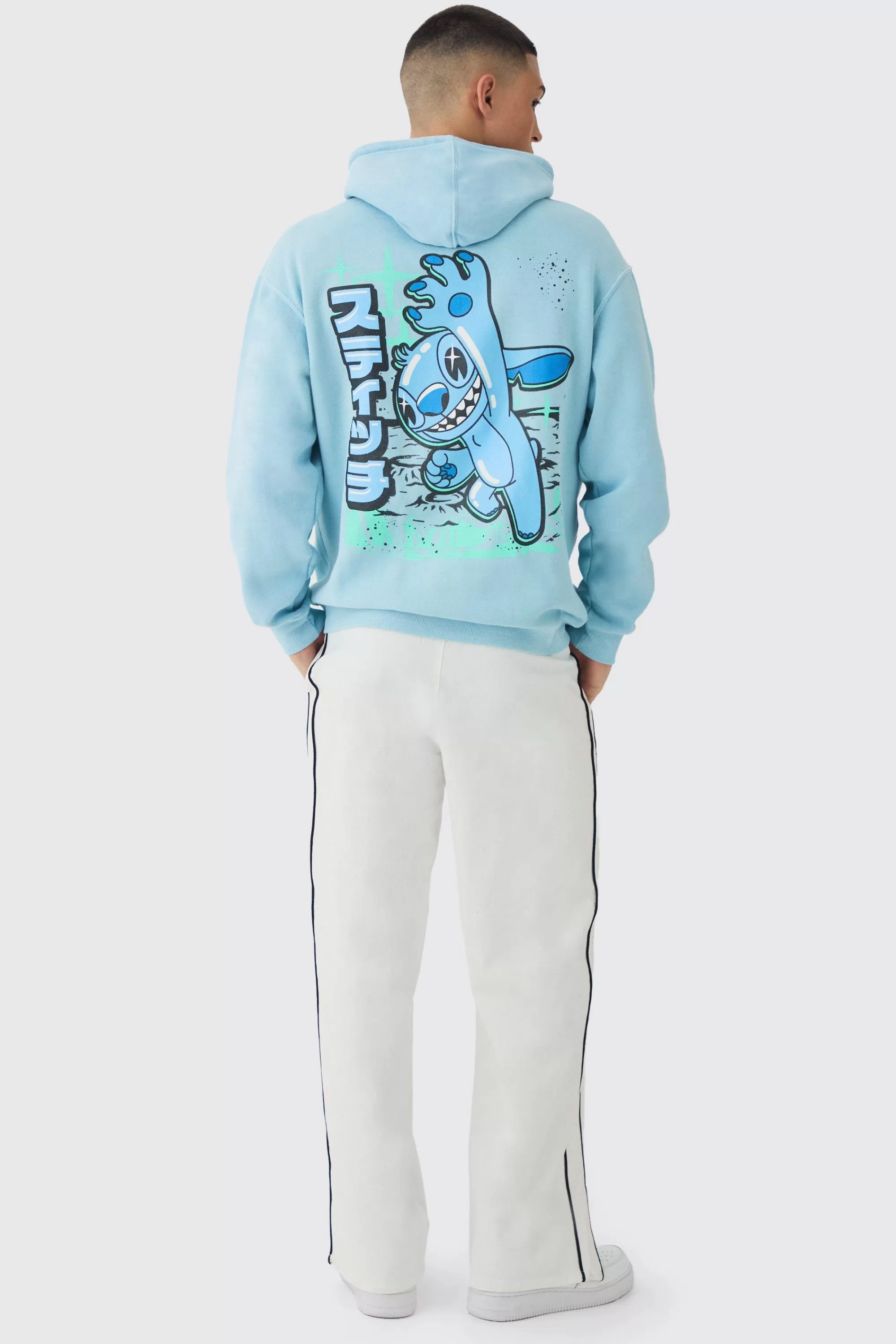 boohooMAN Oversized Disney Lilo And Stitch Wash License Hoodie | UK