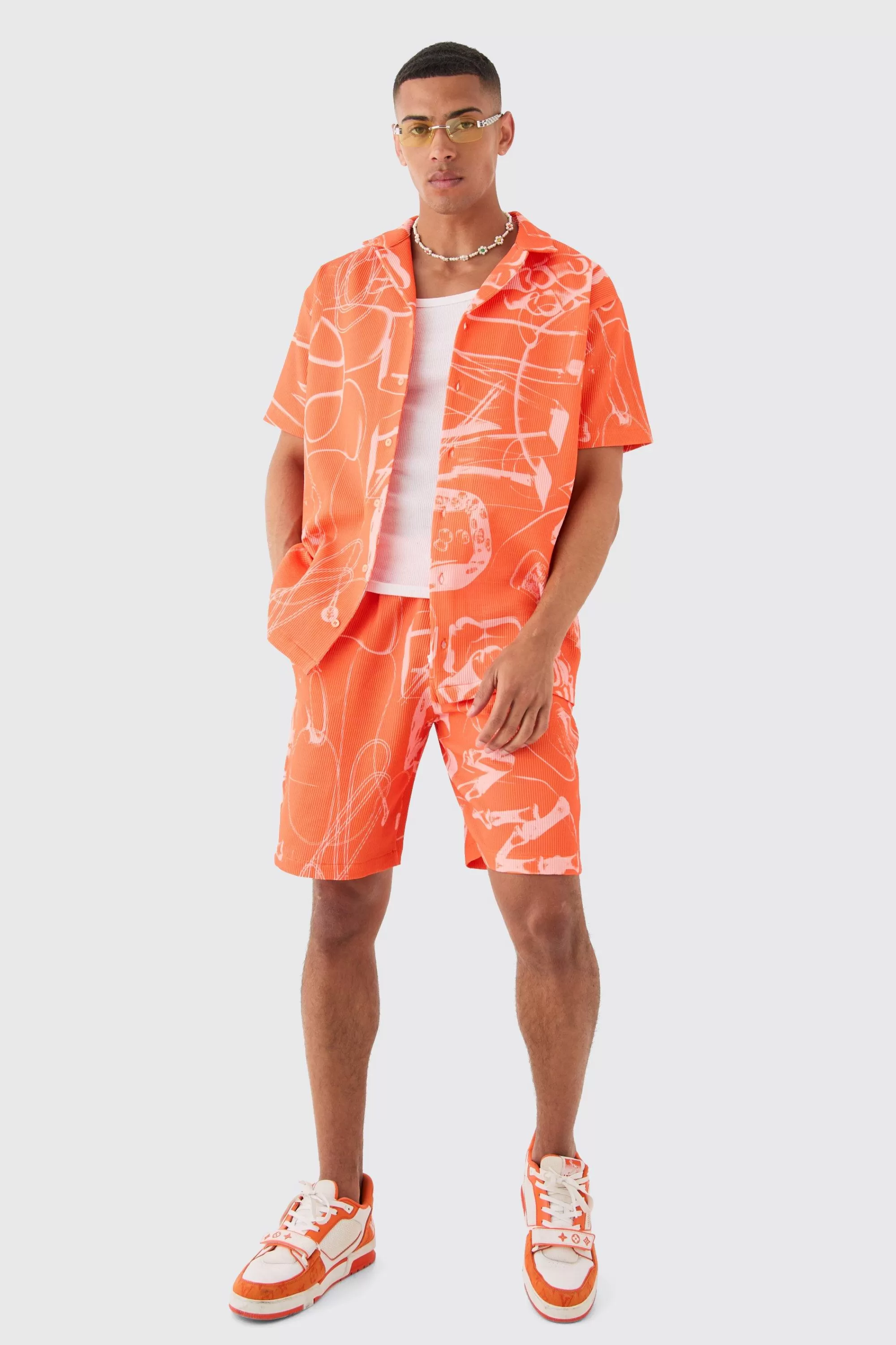 boohooMAN Oversized Doodle Printed Pleated Shirt & Short Set | UK