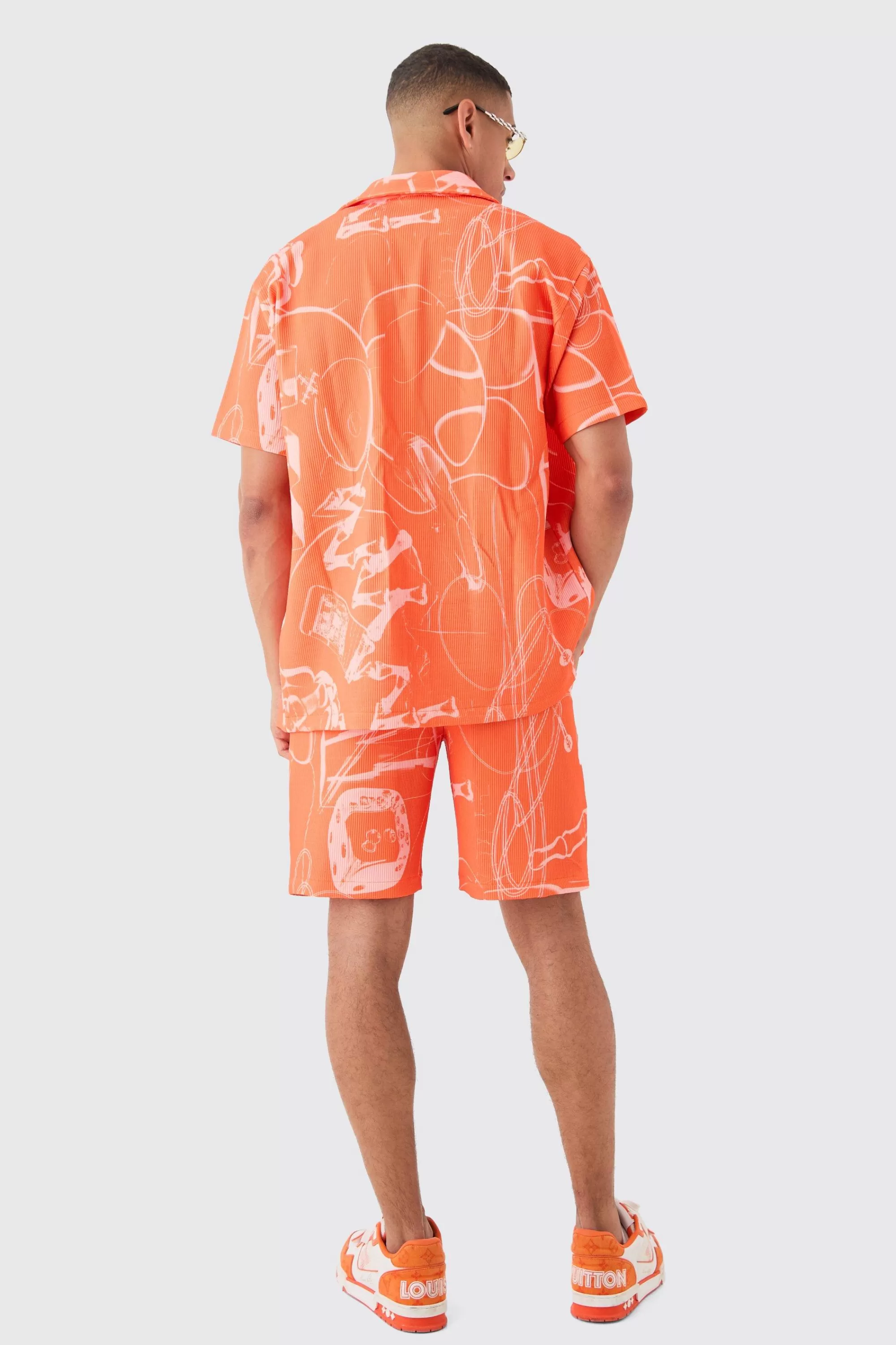 boohooMAN Oversized Doodle Printed Pleated Shirt & Short Set | UK